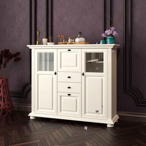 Commode Skagen en bois massif avec étagères en verre, couleur vanille
