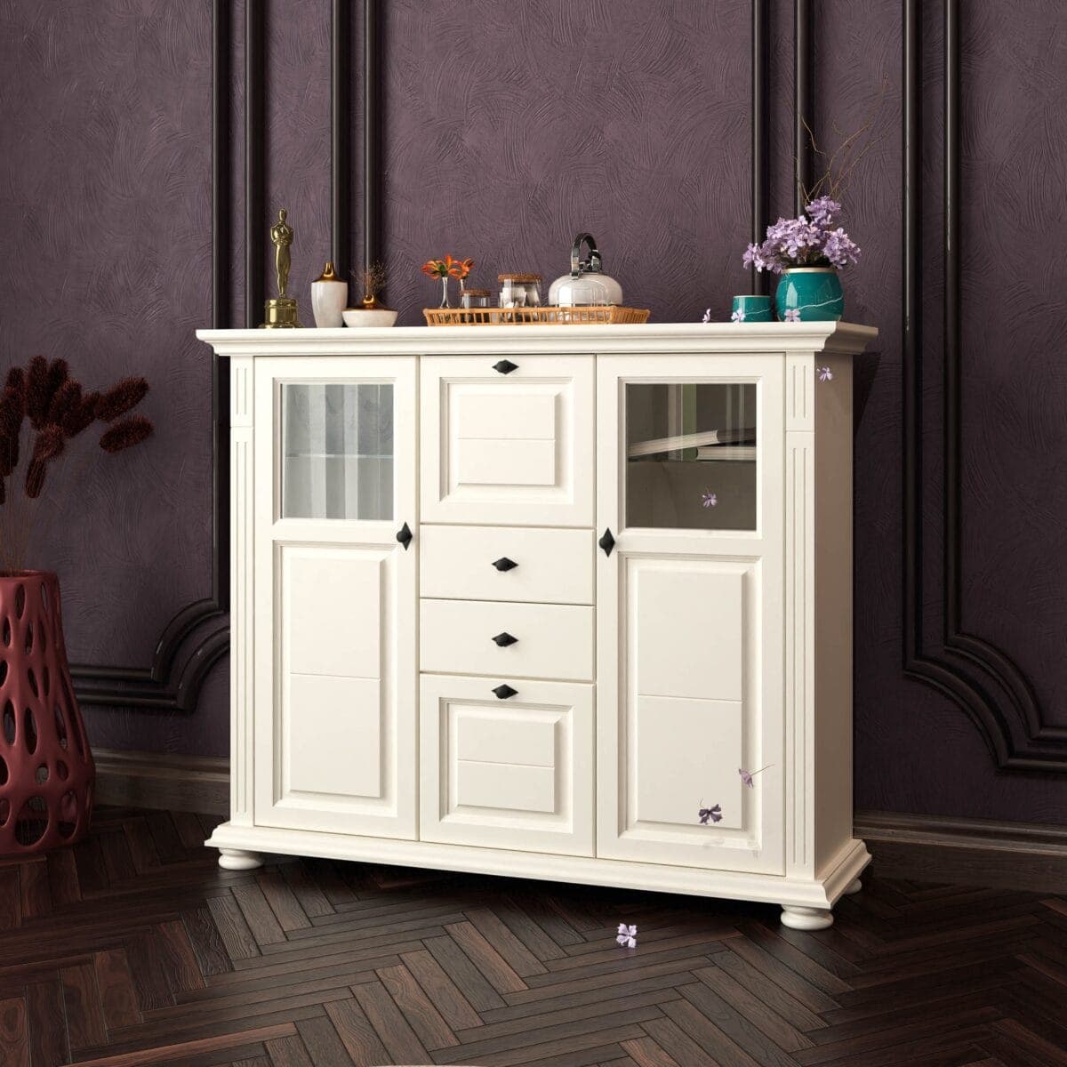 Commode Skagen en bois massif avec étagères en verre, couleur vanille