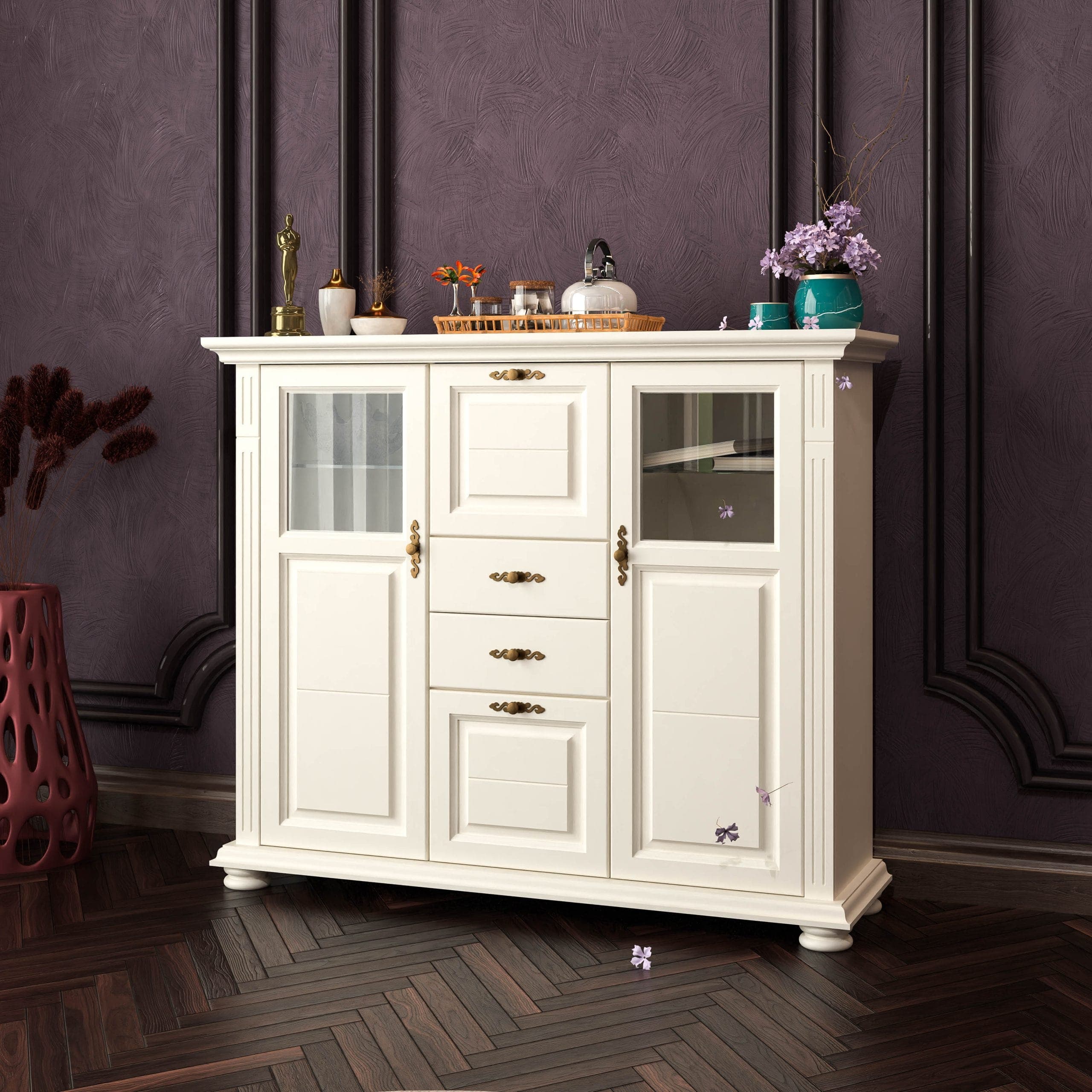 Commode Skagen en bois massif avec étagères en verre, couleur vanille