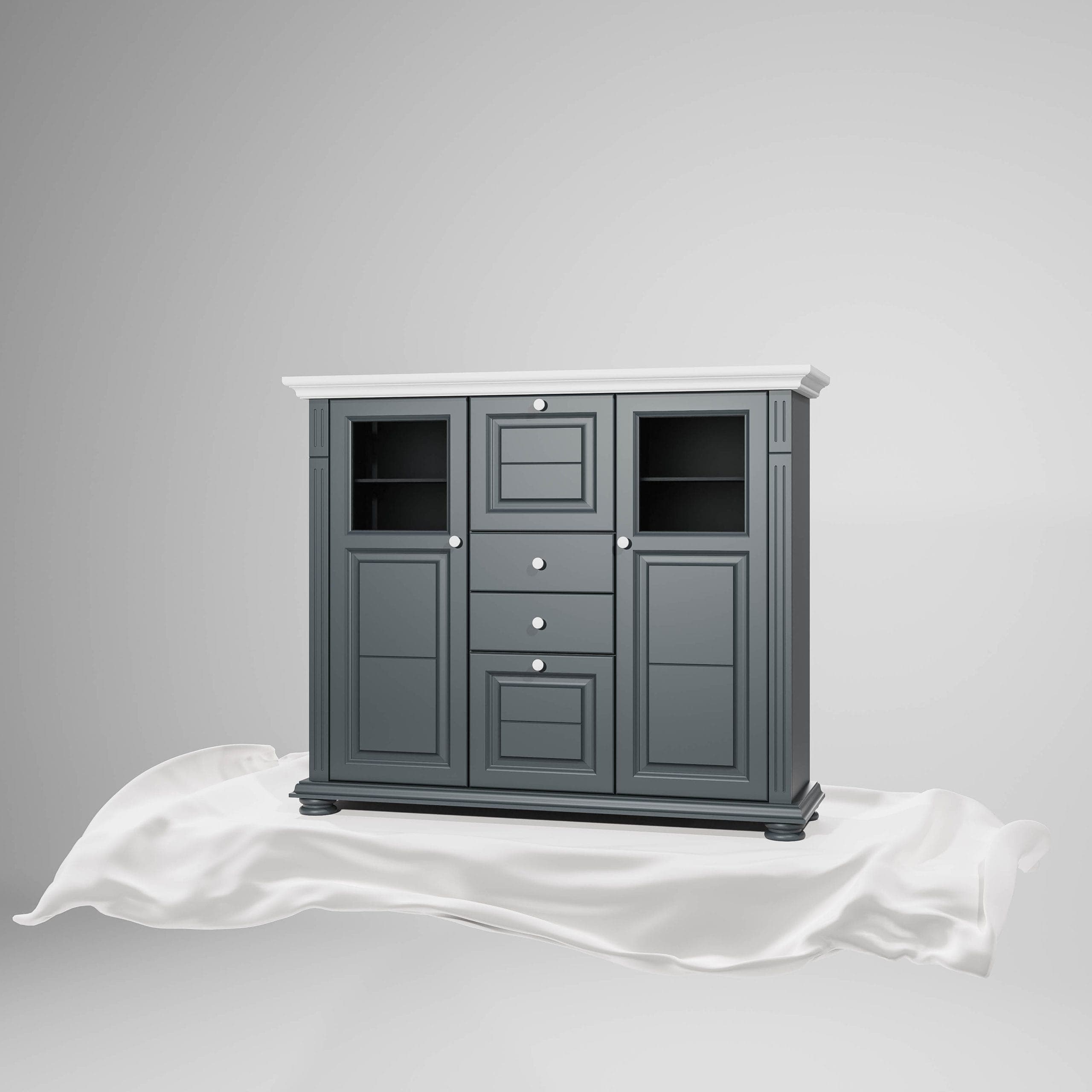 Commode Skagen au design moderne, dotée d'étagères en verre, couleur anthracite