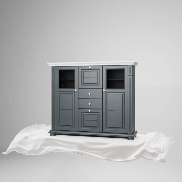 Commode Skagen au design moderne, dotée d'étagères en verre, couleur anthracite