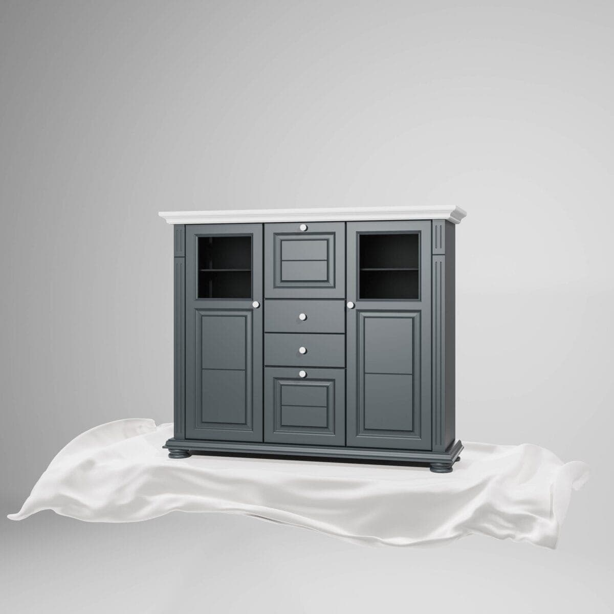 Commode Skagen au design moderne, dotée d'étagères en verre, couleur anthracite