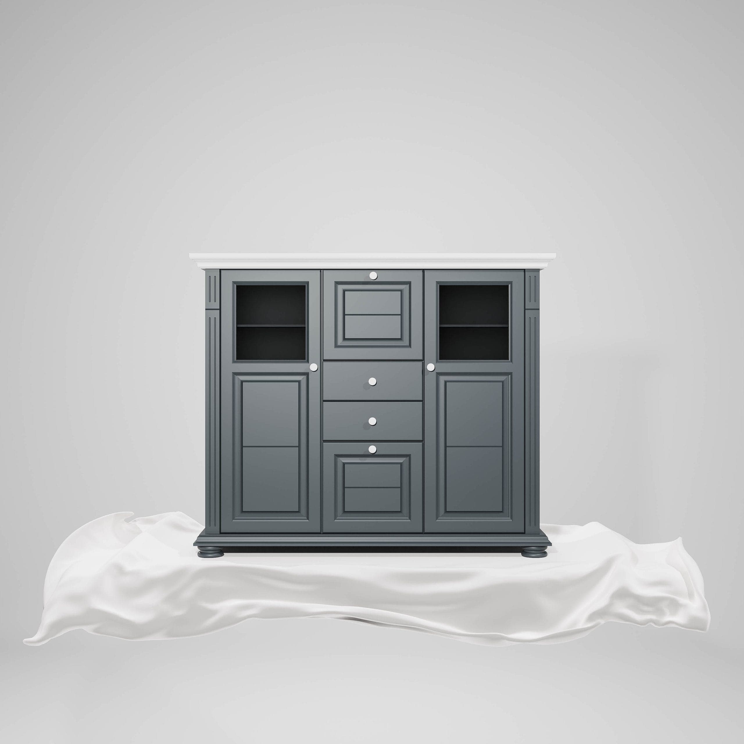 Commode Skagen au design moderne, dotée d'étagères en verre, couleur anthracite