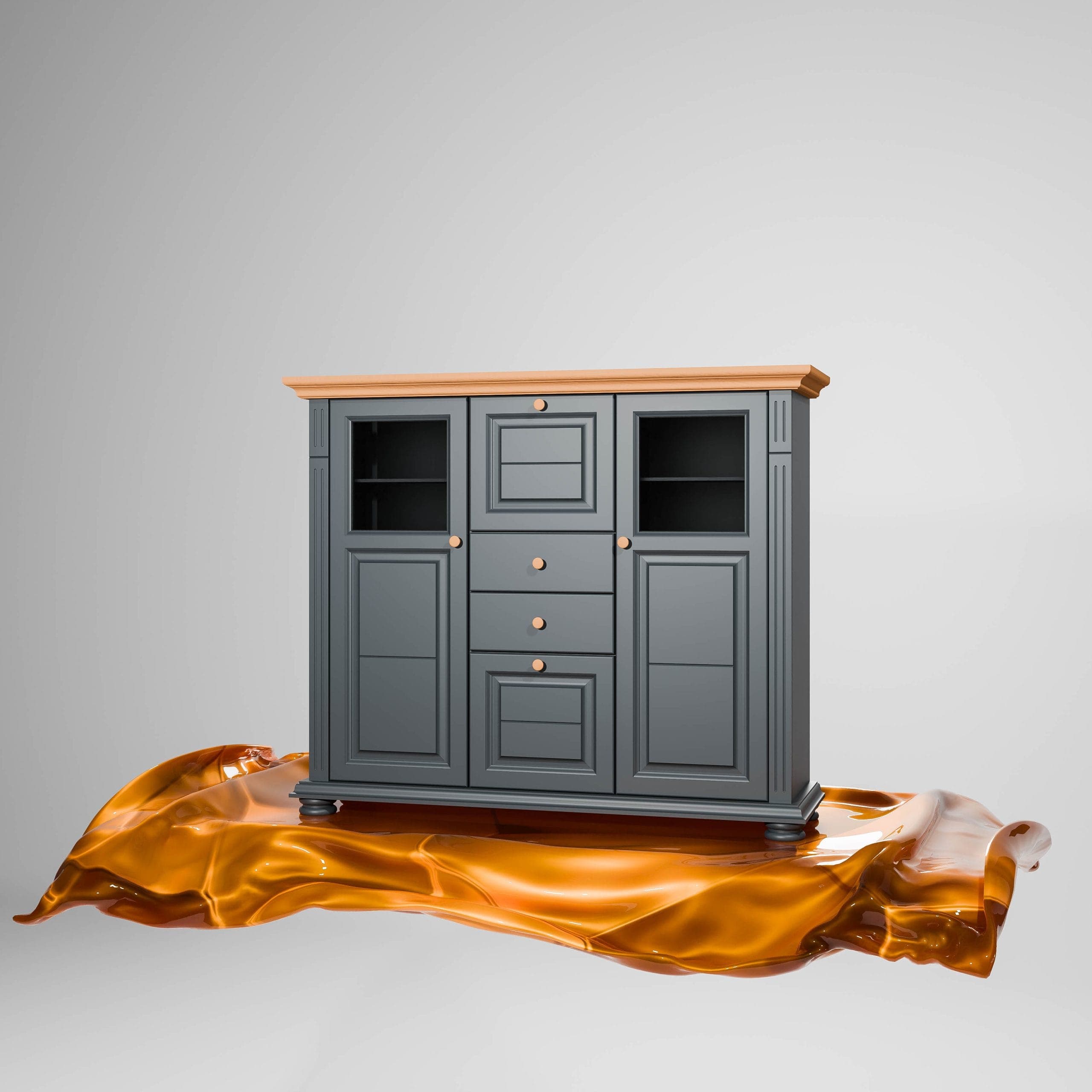 Commode Skagen au design moderne, dotée d'étagères en verre, couleur anthracite