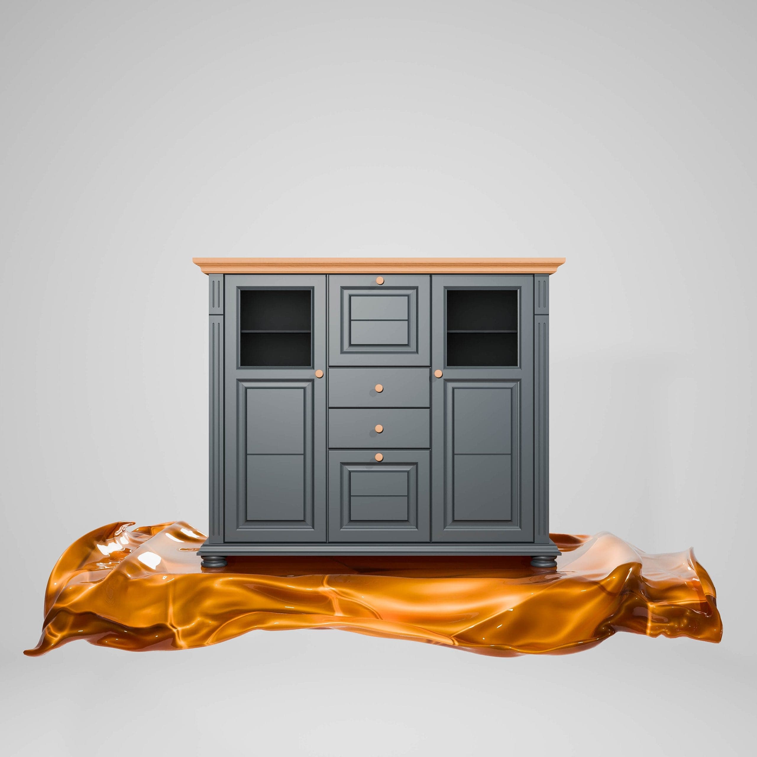 Commode Skagen au design moderne, dotée d'étagères en verre, couleur anthracite