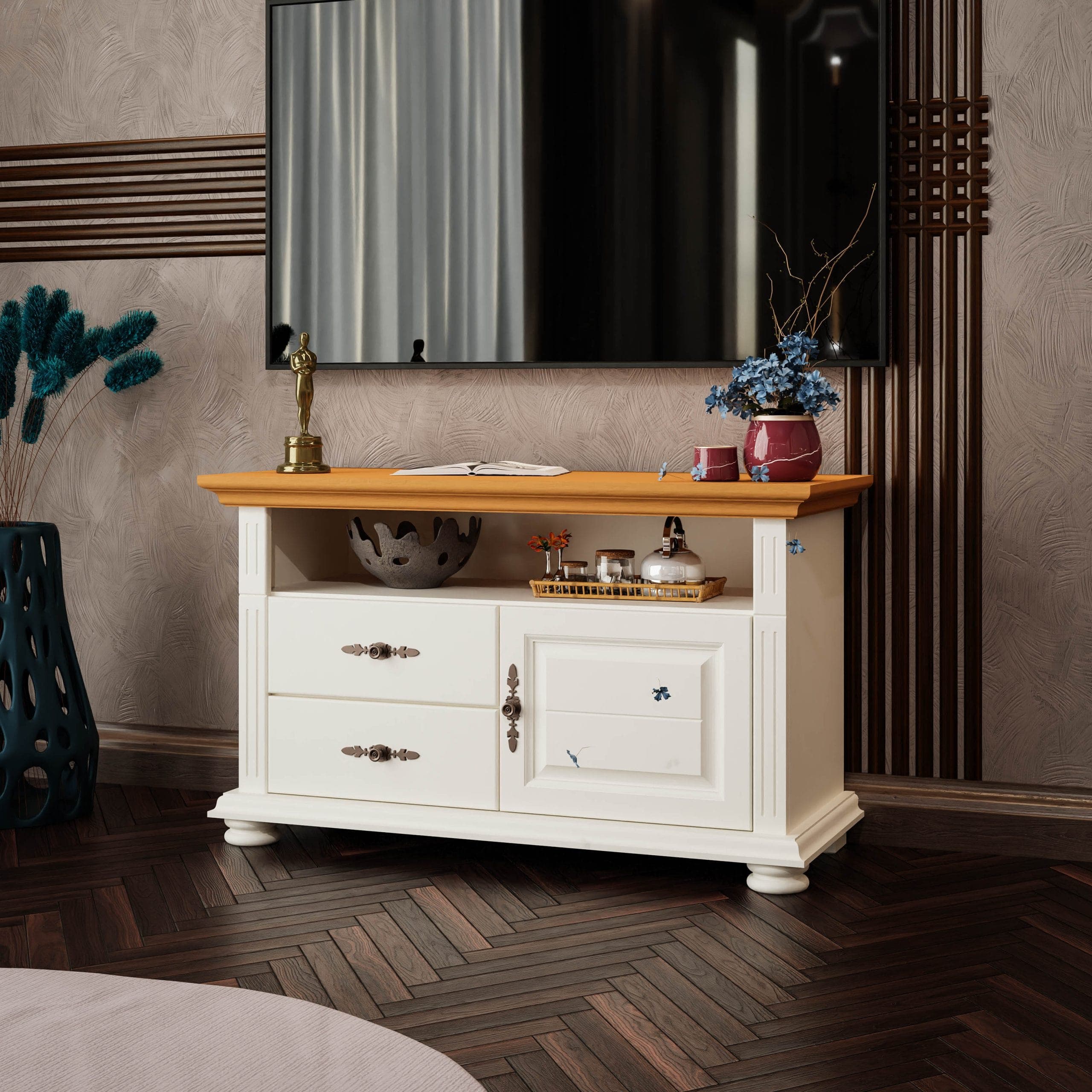 Meuble TV Skagen Petit en bois massif, couleur vanille