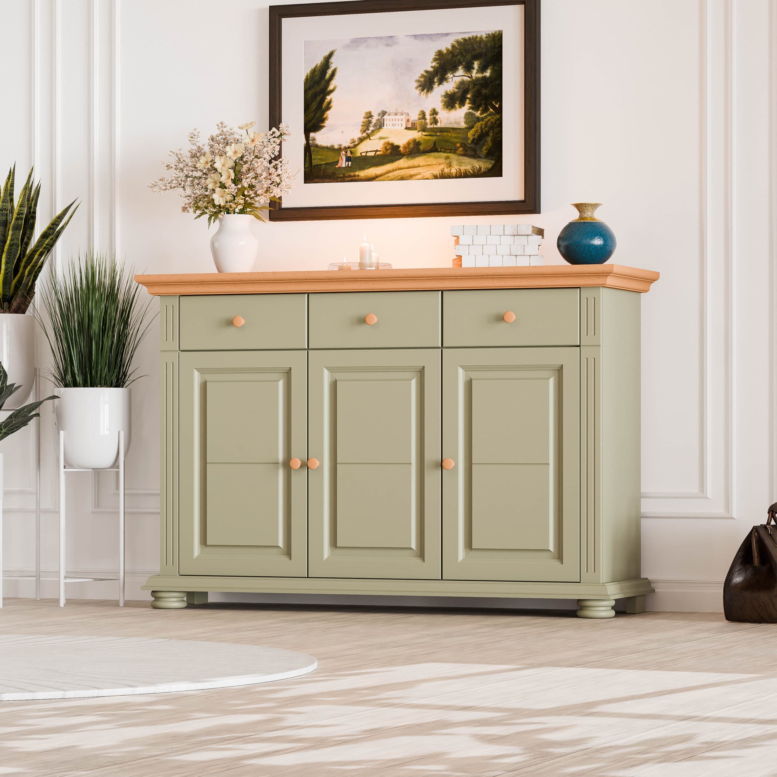 Commode en bois massif Skagen à 3 portes et 3 tiroirs, gris olive