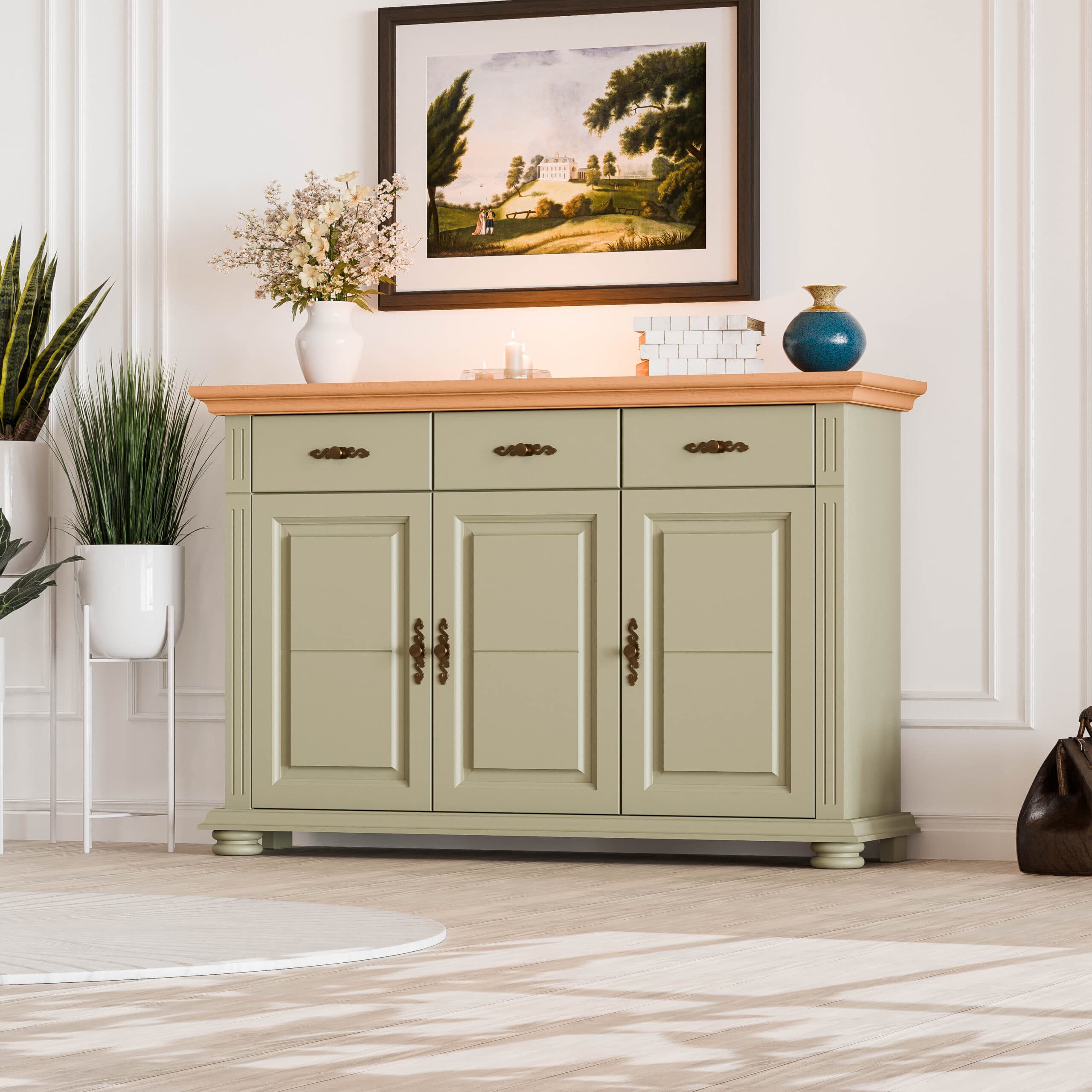 Commode en bois massif Skagen à 3 portes et 3 tiroirs, gris olive