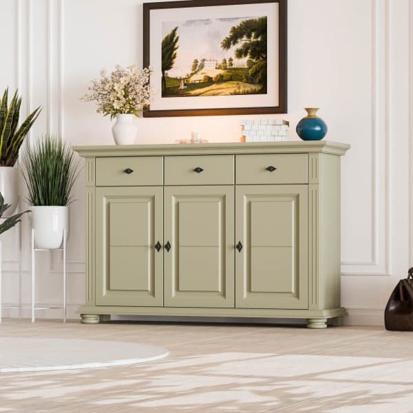 Commode en bois massif Skagen à 3 portes et 3 tiroirs, gris olive