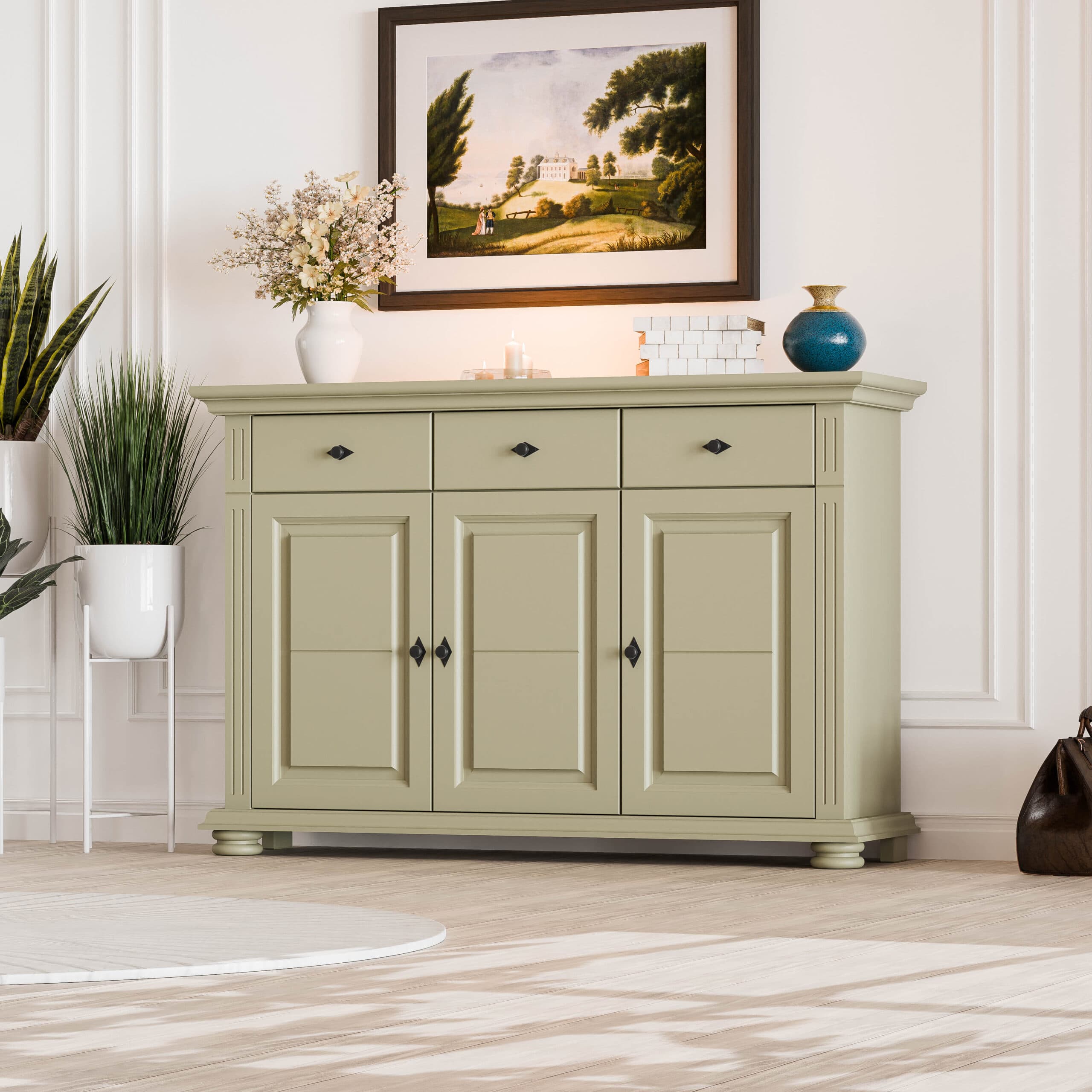 Commode en bois massif Skagen à 3 portes et 3 tiroirs, gris olive
