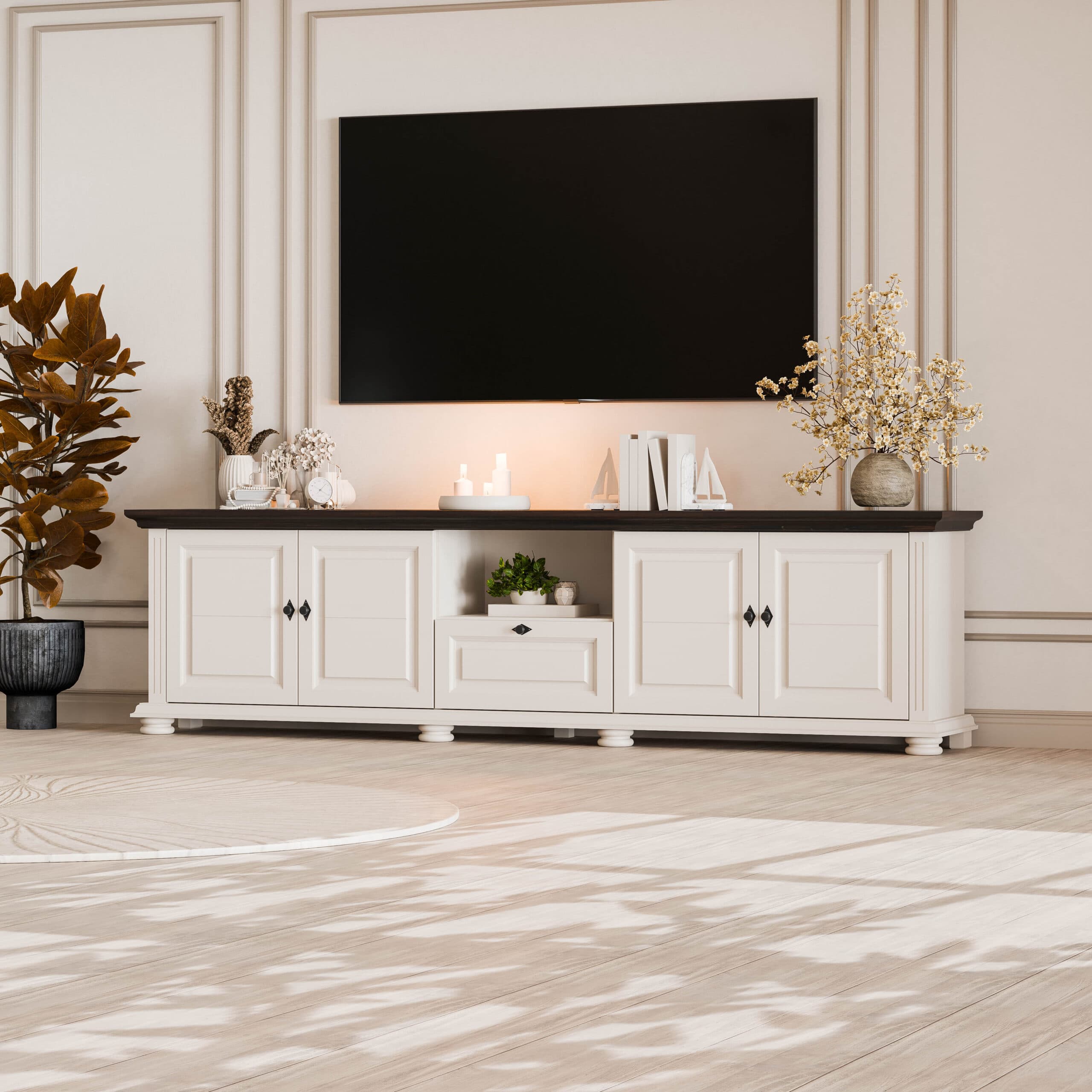 Meuble TV Skagen en bois massif, 220 cm, beige cachemire