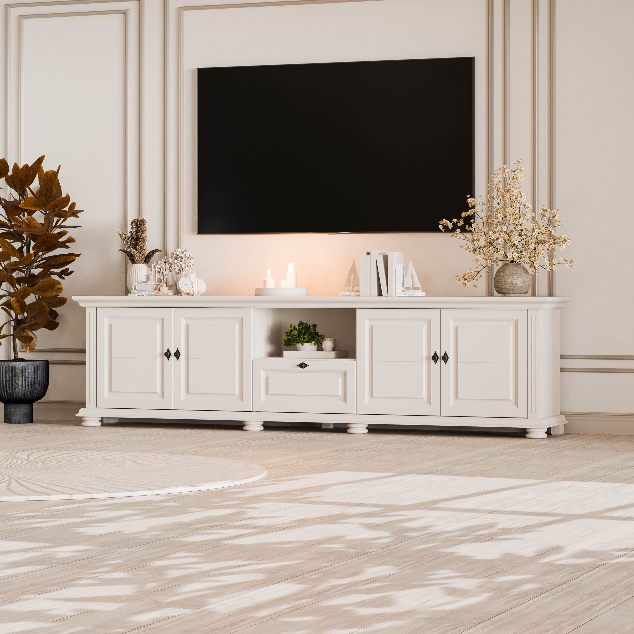 Meuble TV Skagen en bois massif, 220 cm, beige cachemire