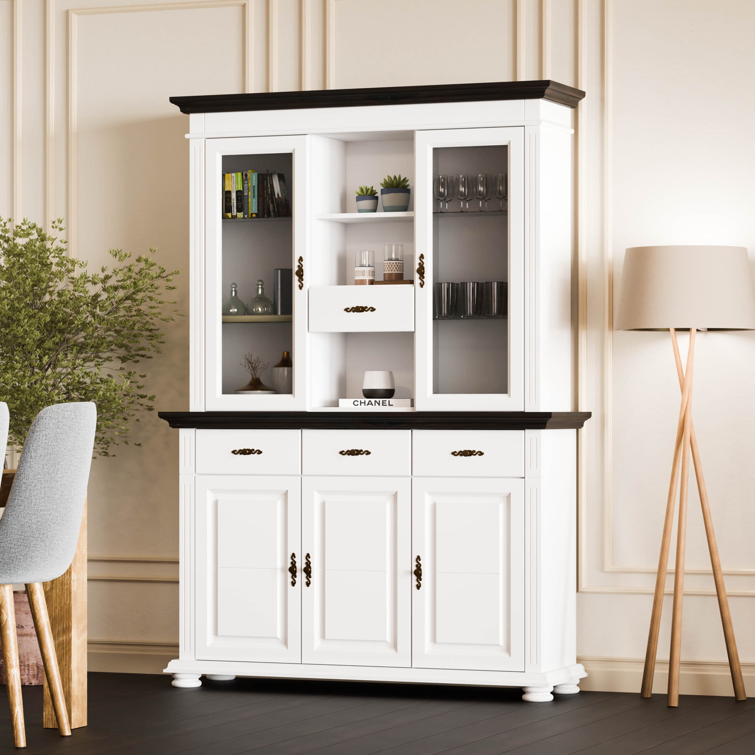 Buffet avec vitrine Skagen en bois massif pour la salle à manger