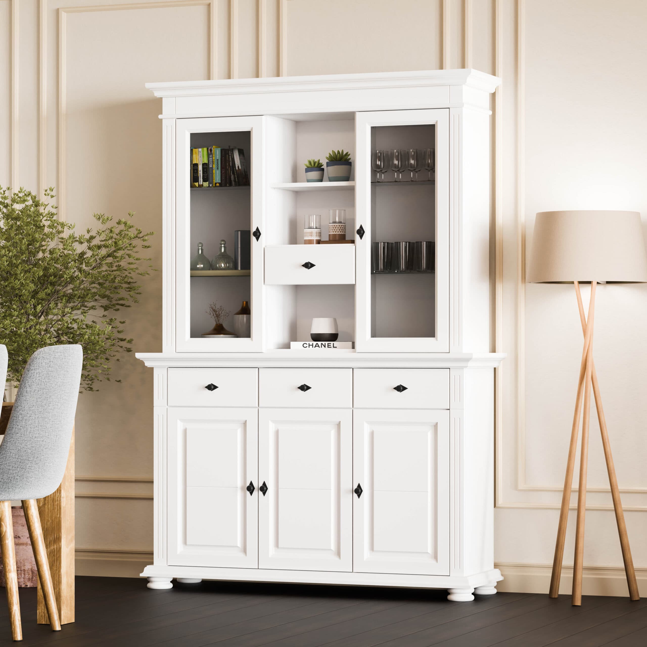 Buffet avec vitrine Skagen en bois massif pour la salle à manger