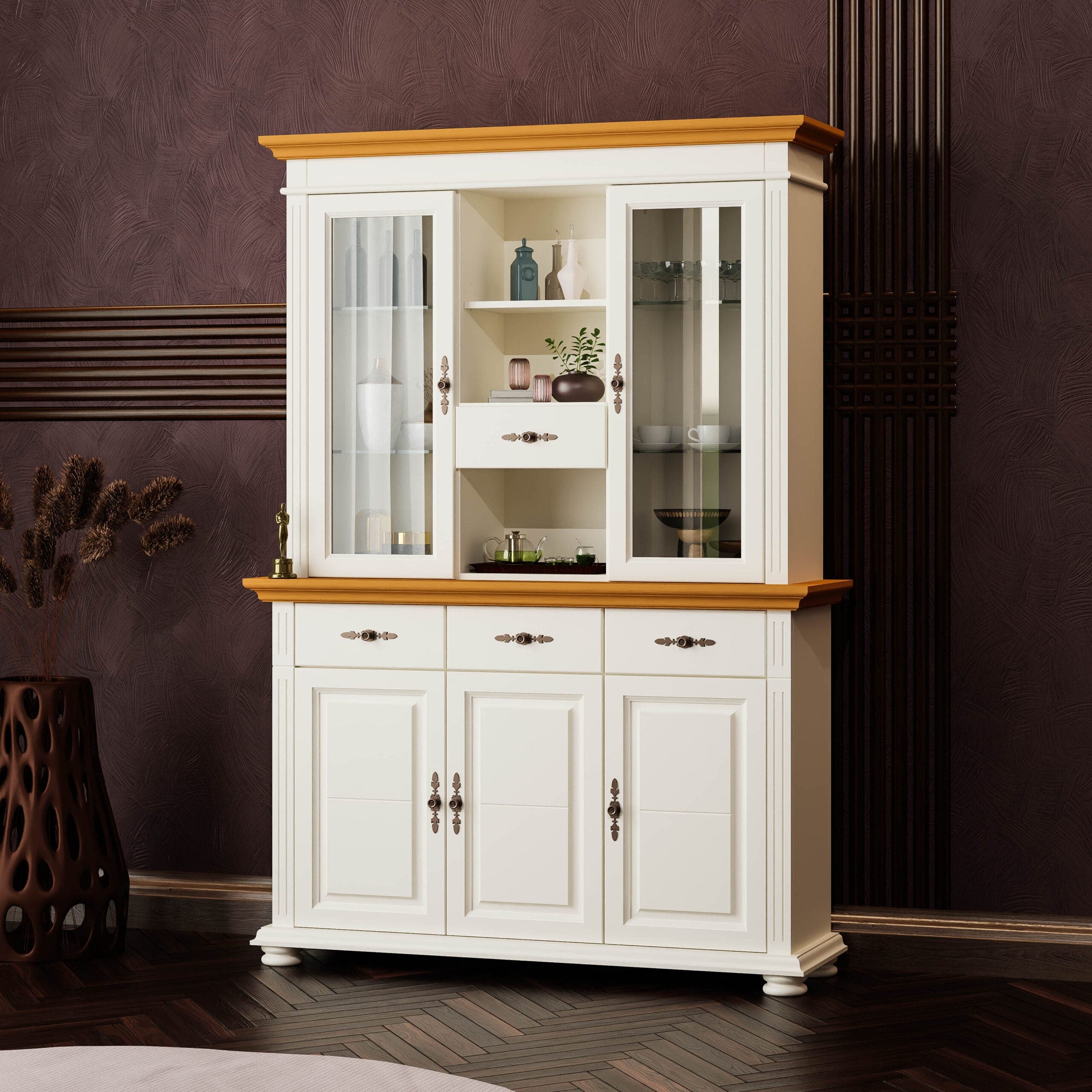 Buffet en bois massif « Skagen » avec vitrine, couleur vanille