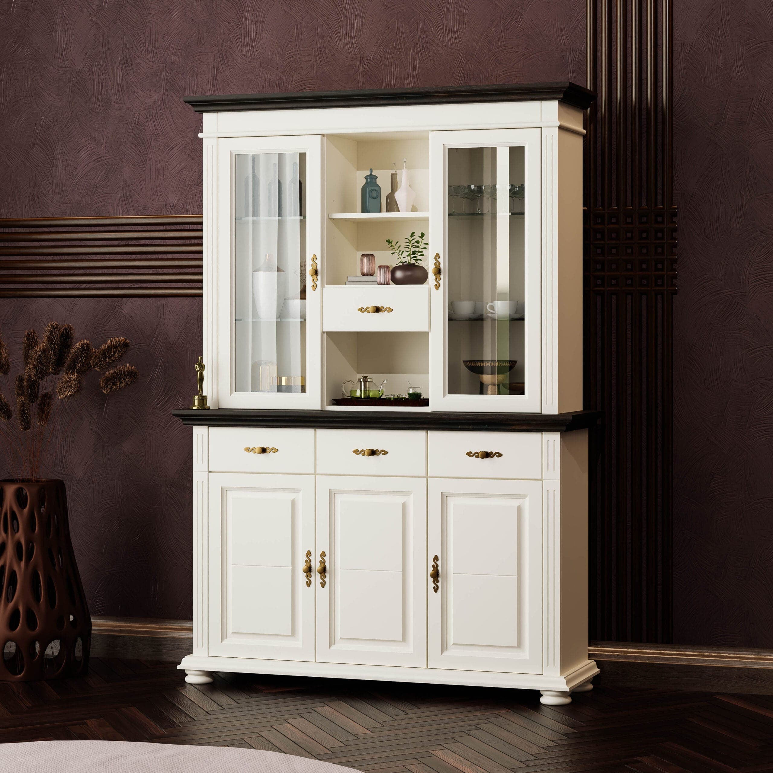 Buffet en bois massif « Skagen » avec vitrine, couleur vanille