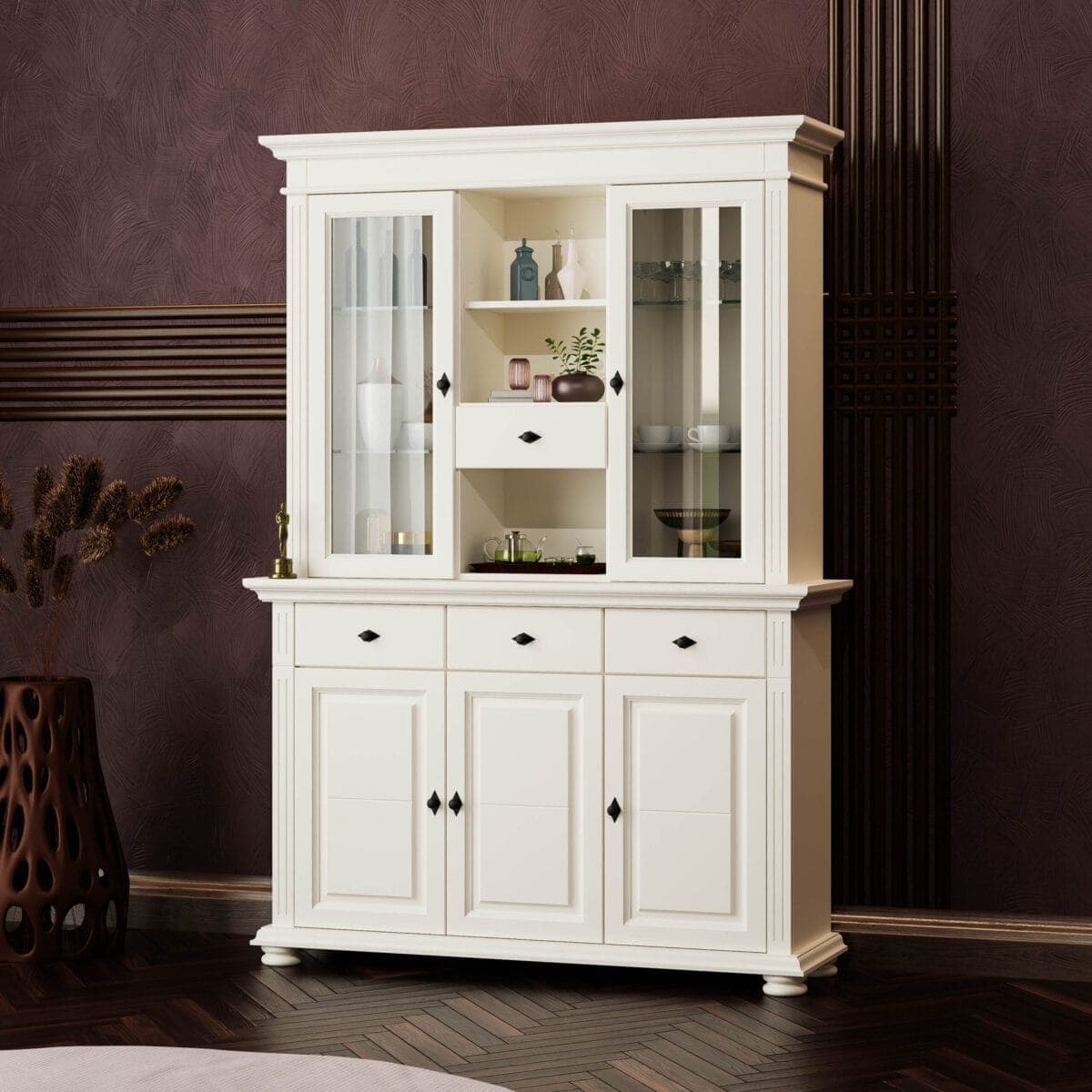 Buffet en bois massif « Skagen » avec vitrine, couleur vanille