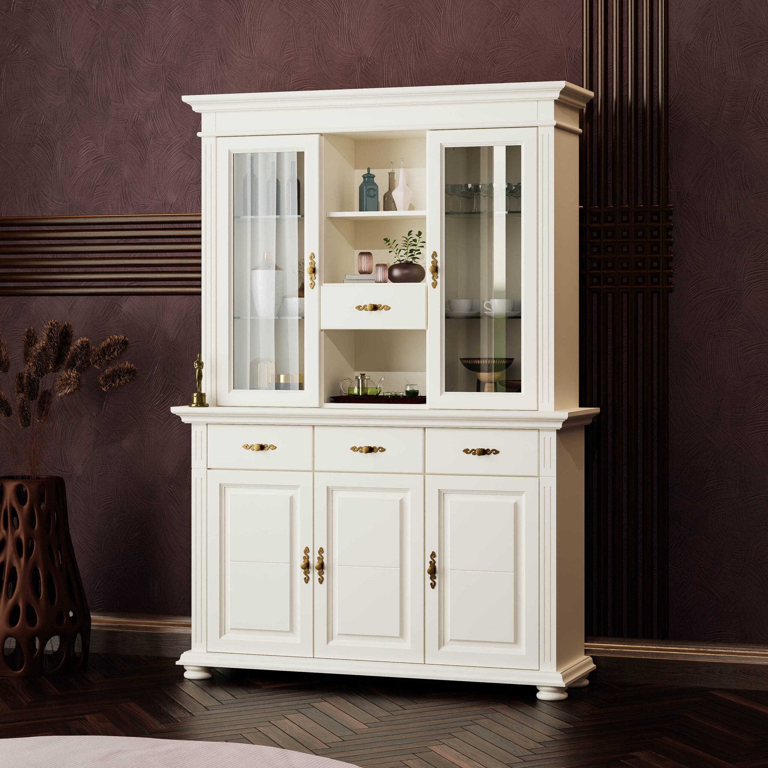 Buffet en bois massif « Skagen » avec vitrine, couleur vanille