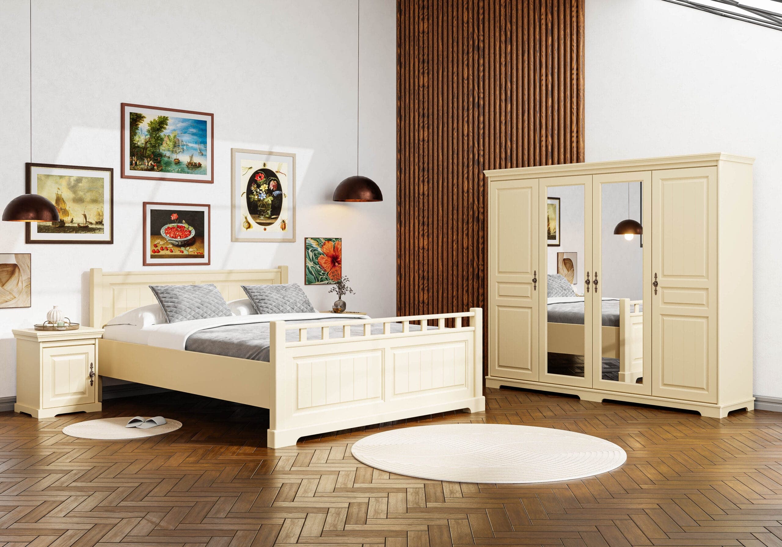 Chambre « Linnea Nisip » en bois massif, lit de 160