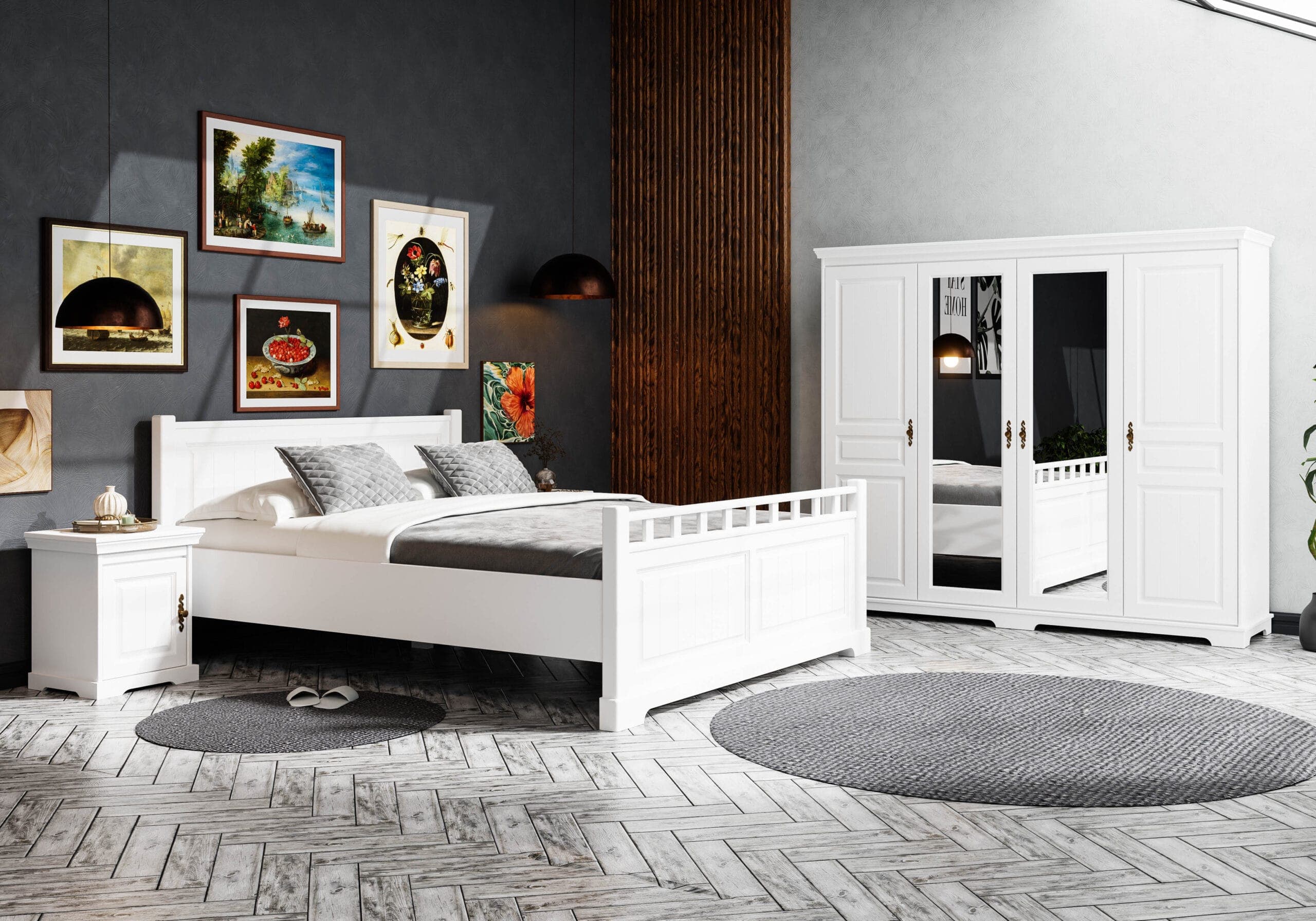 Ensemble de chambre « Linnea » en bois massif avec portes miroir