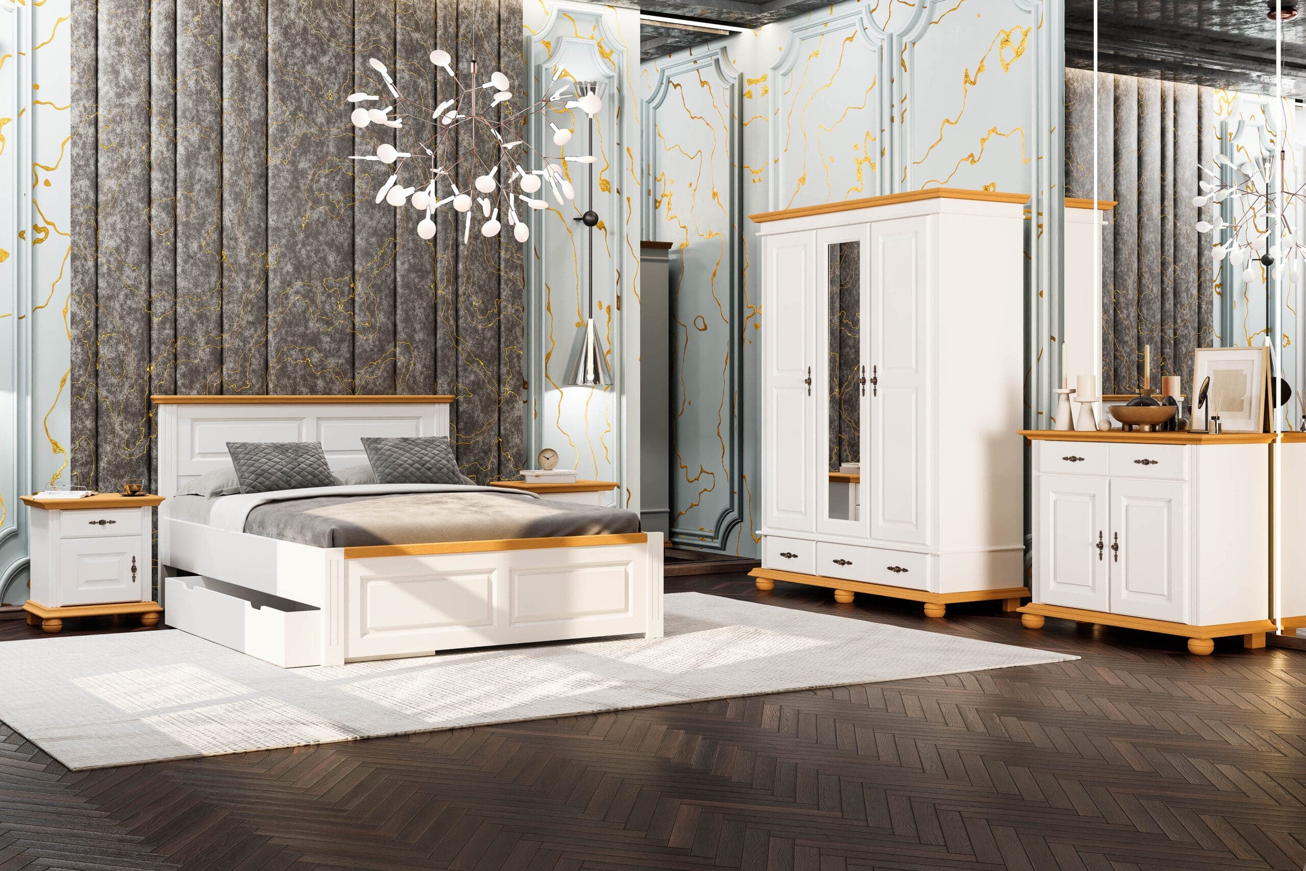 Chambre Nordby 2 – Lit en bois massif avec coffre de rangement et armoire
