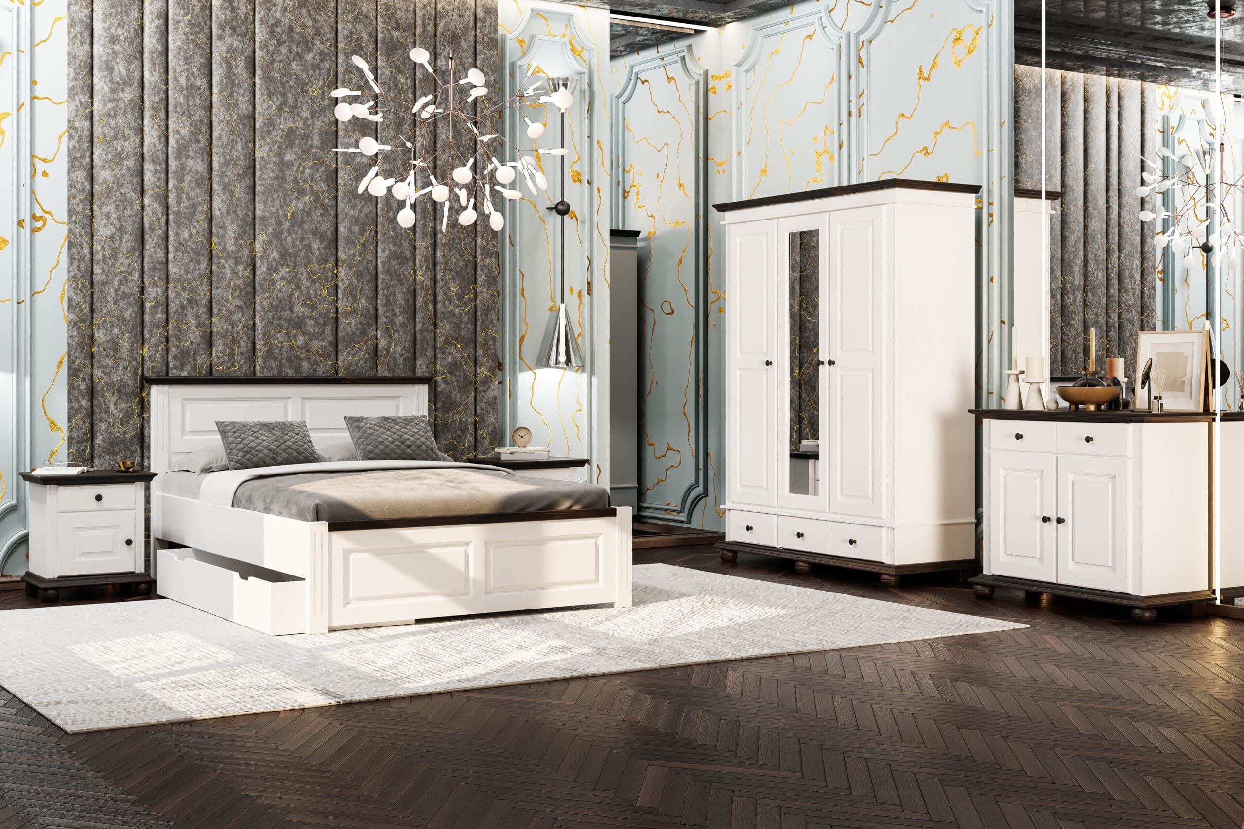Chambre Nordby 2 – Lit en bois massif avec coffre de rangement et armoire