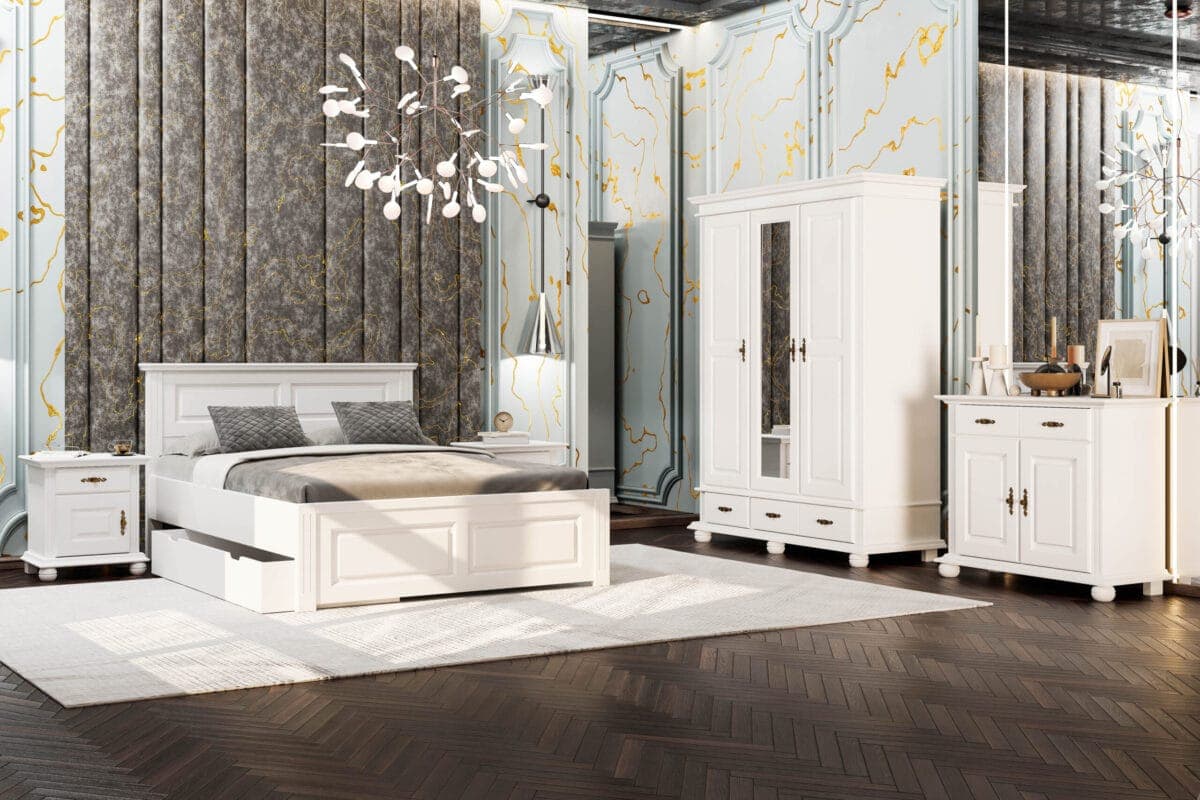 Chambre Nordby 2 – Lit en bois massif avec coffre de rangement et armoire