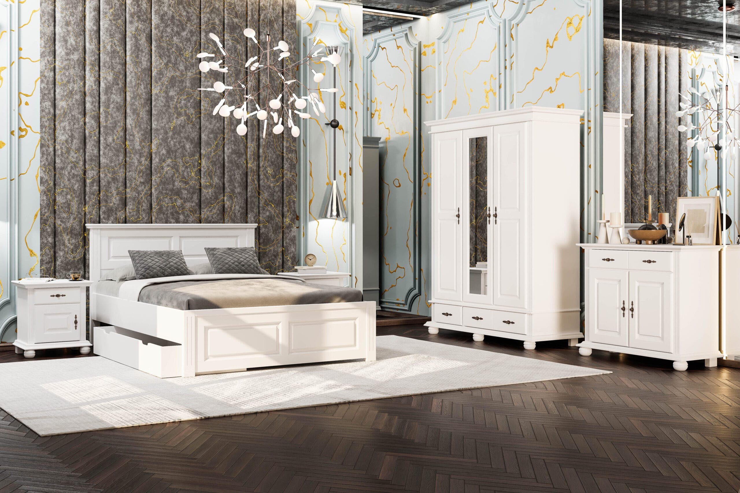 Chambre Nordby 2 – Lit en bois massif avec coffre de rangement et armoire