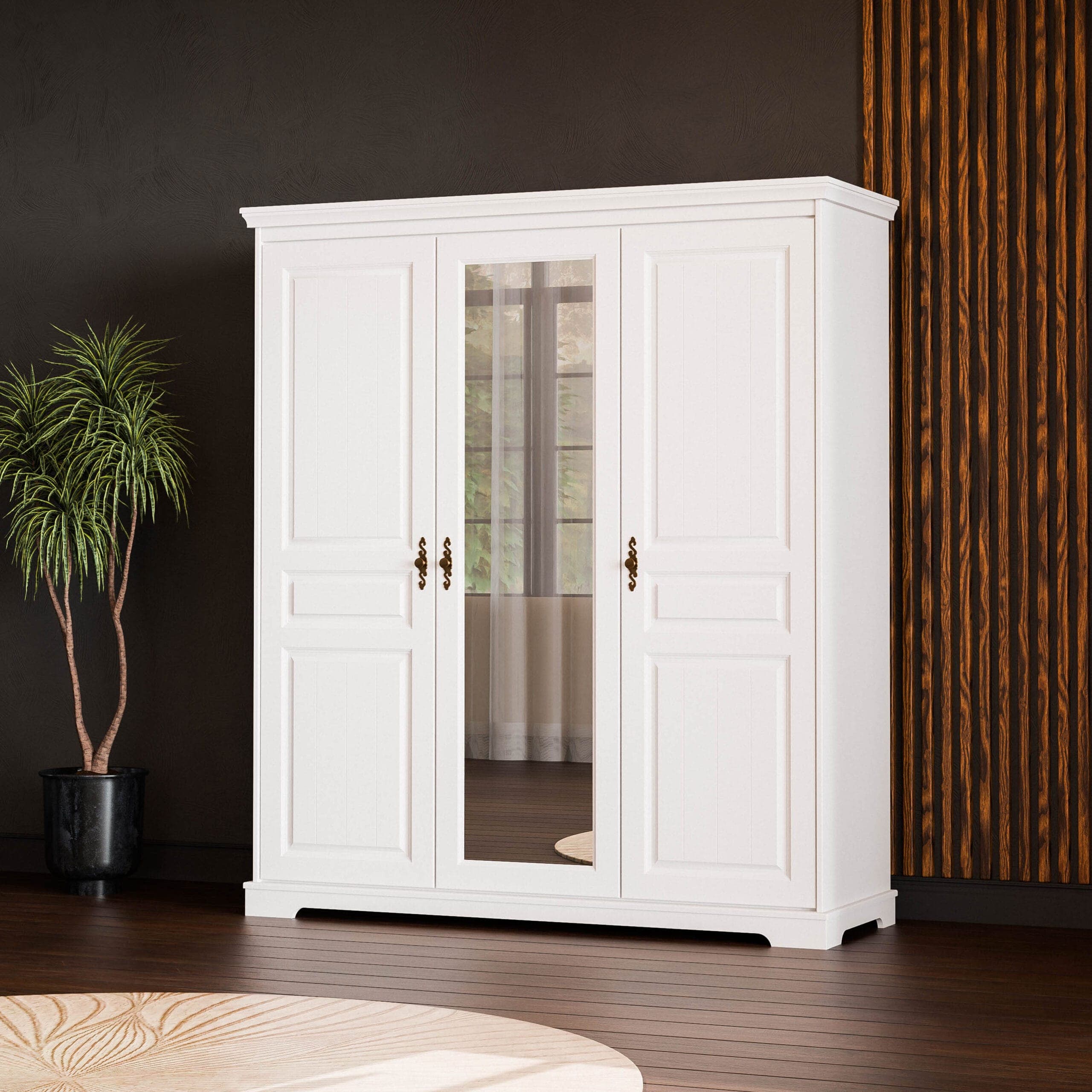 Armoire « Linnea » à 3 portes en bois massif avec miroir