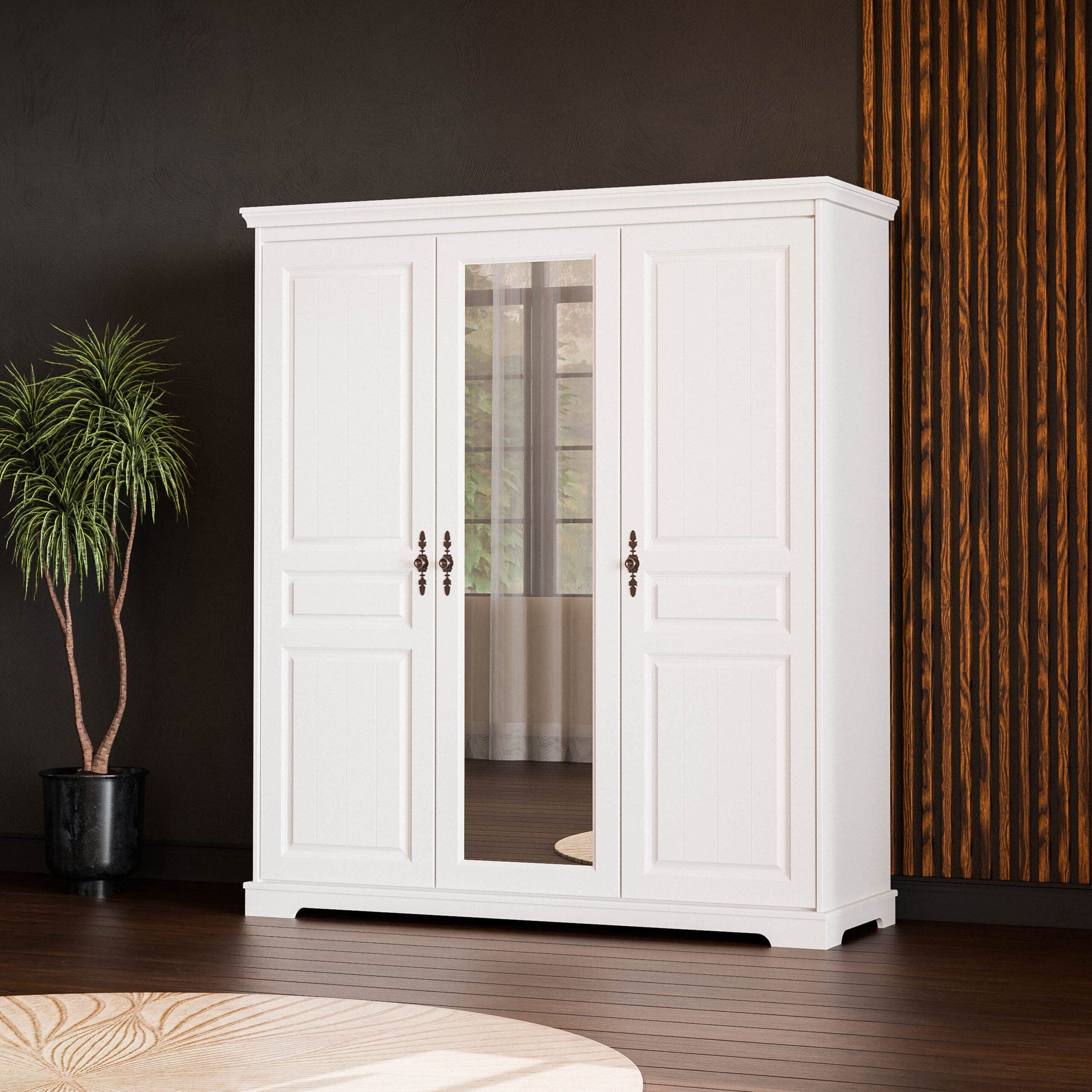 Armoire « Linnea » à 3 portes en bois massif avec miroir