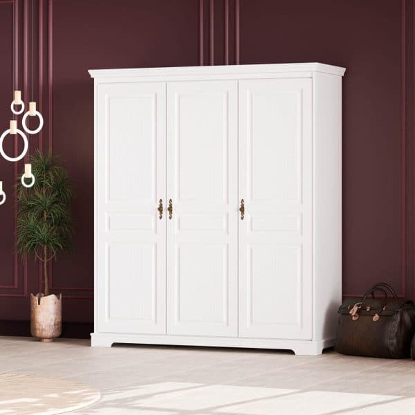 Armoire à 3 portes en bois massif Linnea, couleur blanc beurre