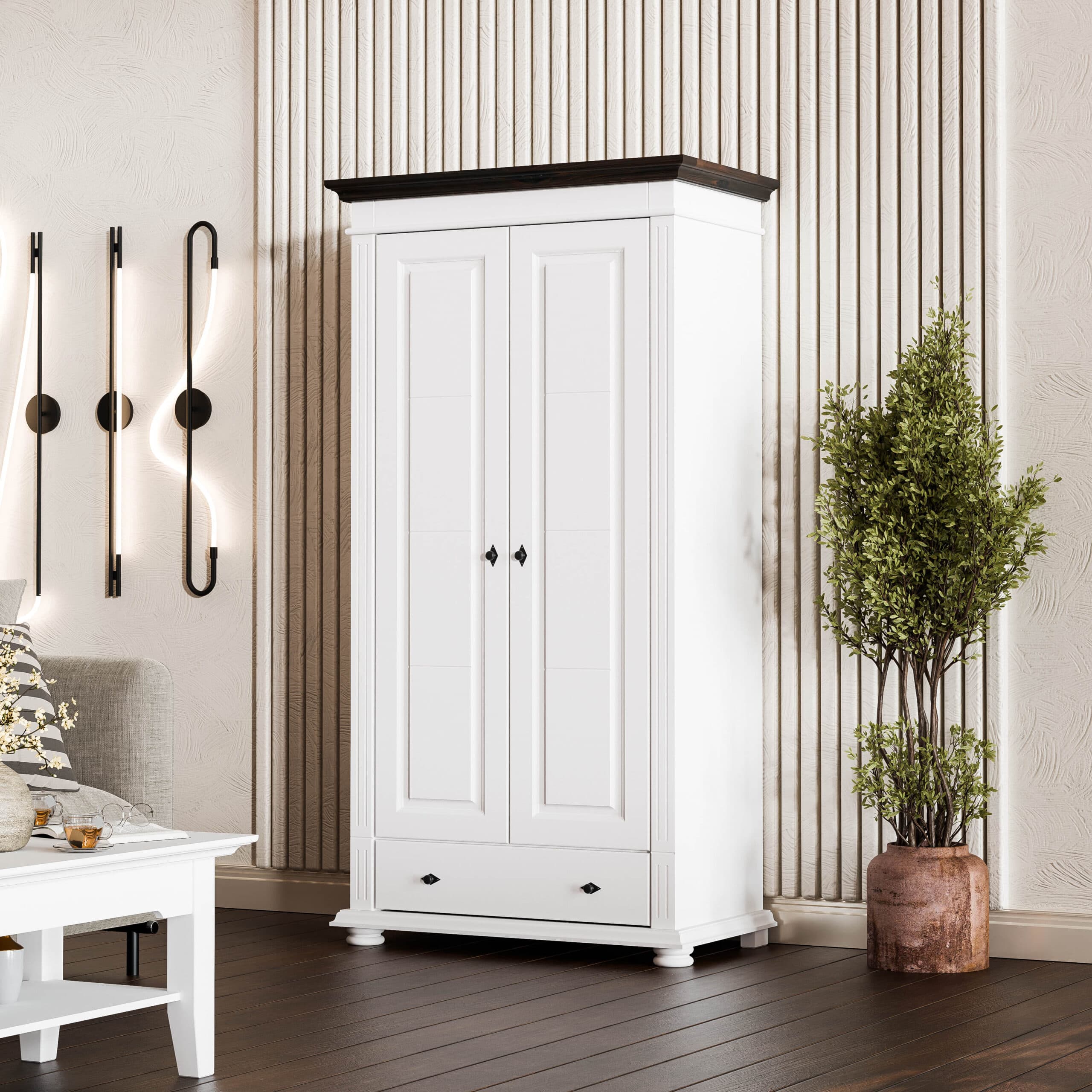 Armoire « Skagen » à deux portes en bois massif avec tringle à vêtements