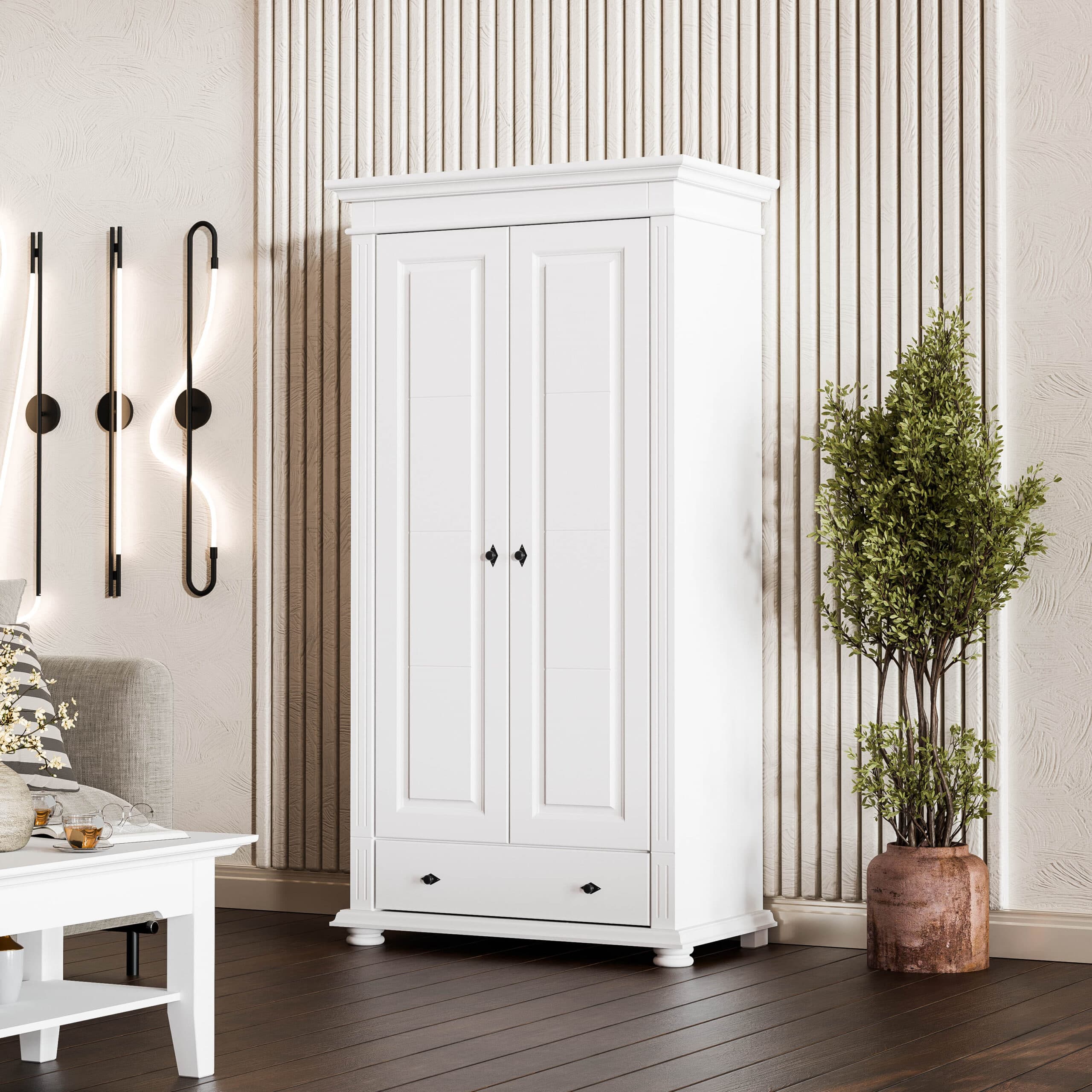 Armoire « Skagen » à deux portes en bois massif avec tringle à vêtements