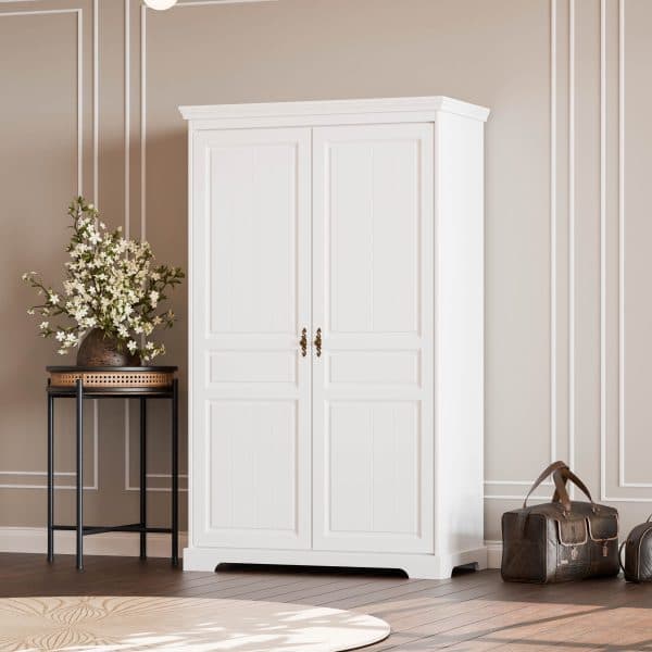 Armoire à deux portes en bois massif Linnea, couleur blanc beurre