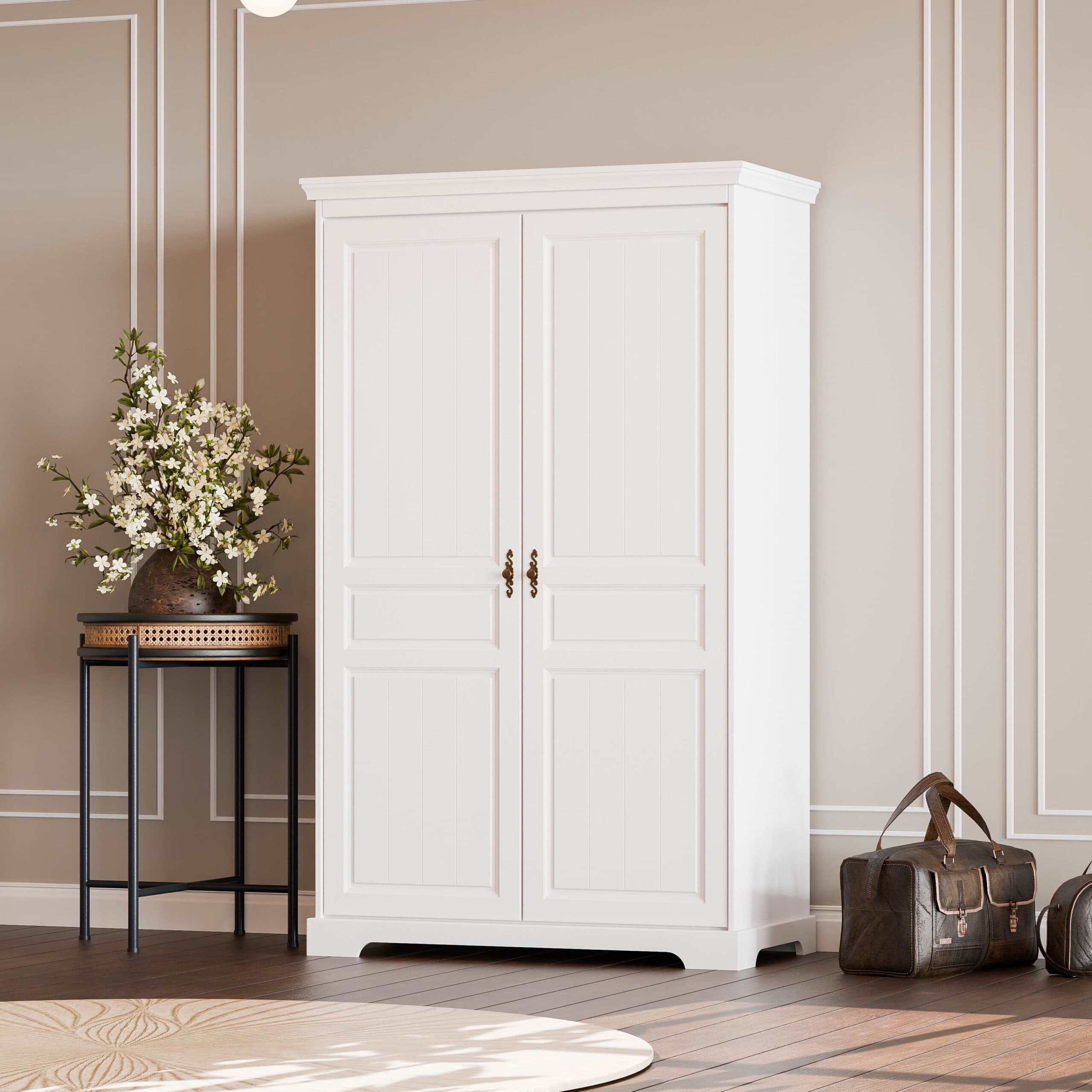Armoire à deux portes en bois massif Linnea, couleur blanc beurre