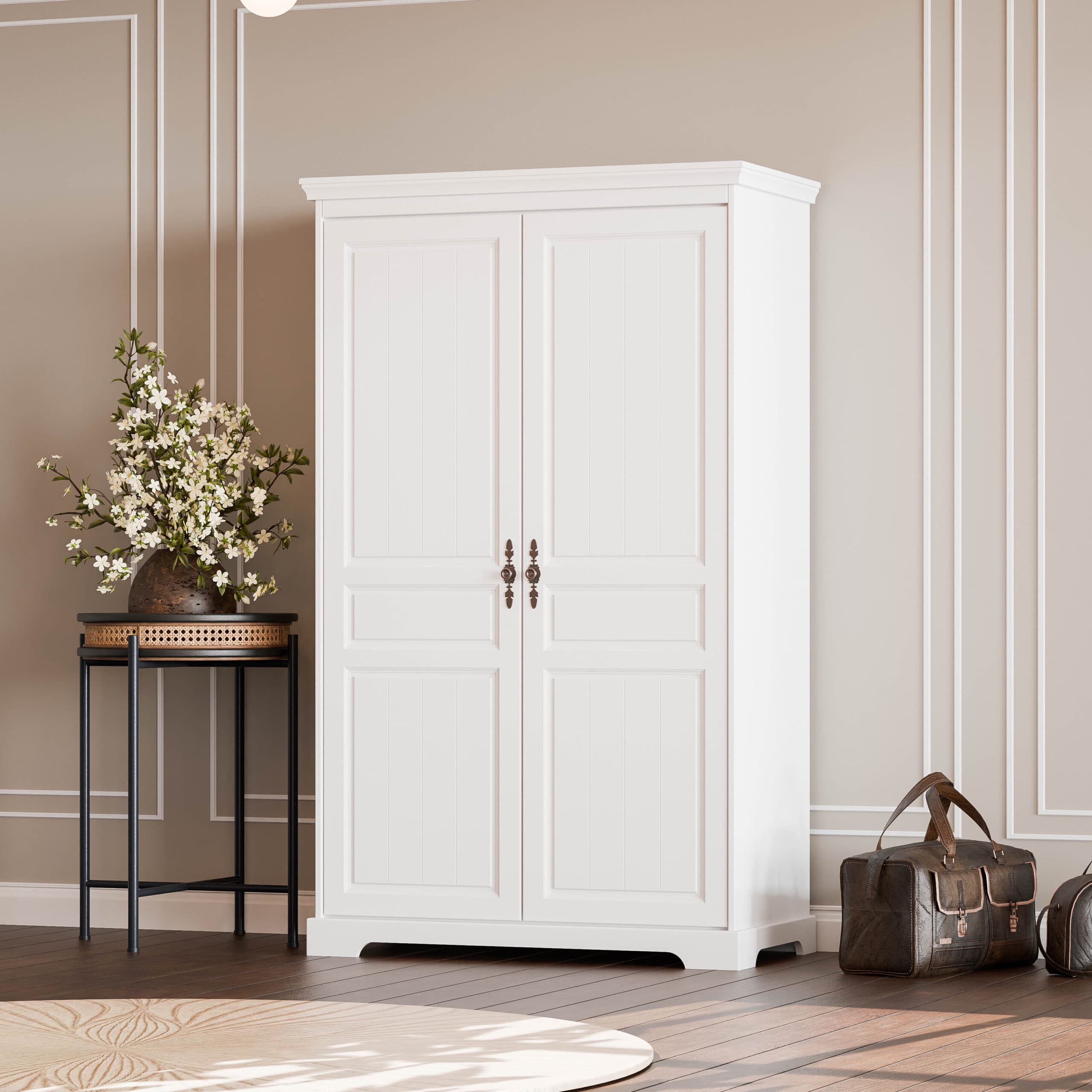Armoire à deux portes en bois massif Linnea, couleur blanc beurre