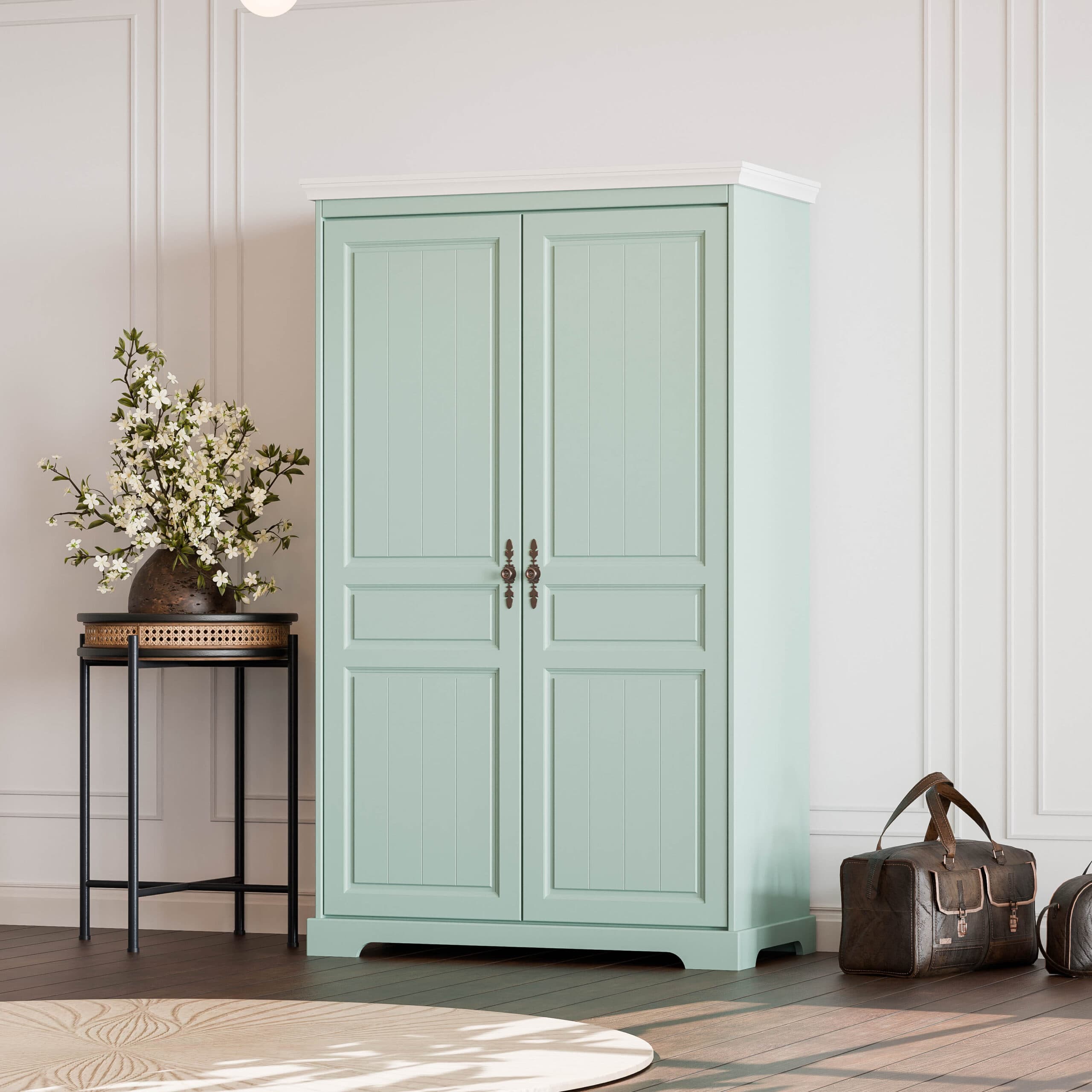 Armoire à deux portes en bois massif « Linnea » en turquoise pastel