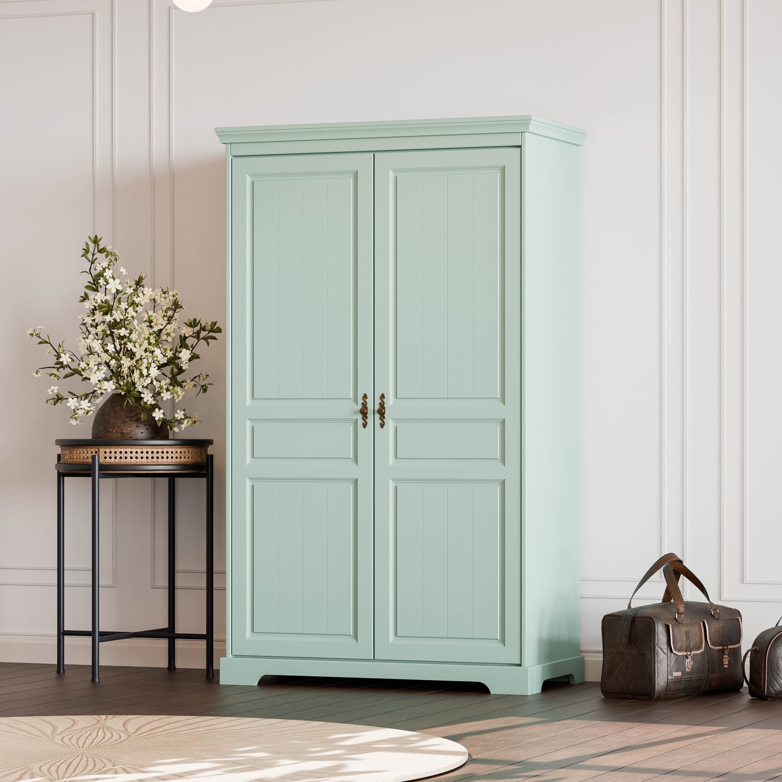 Armoire à deux portes en bois massif « Linnea » en turquoise pastel