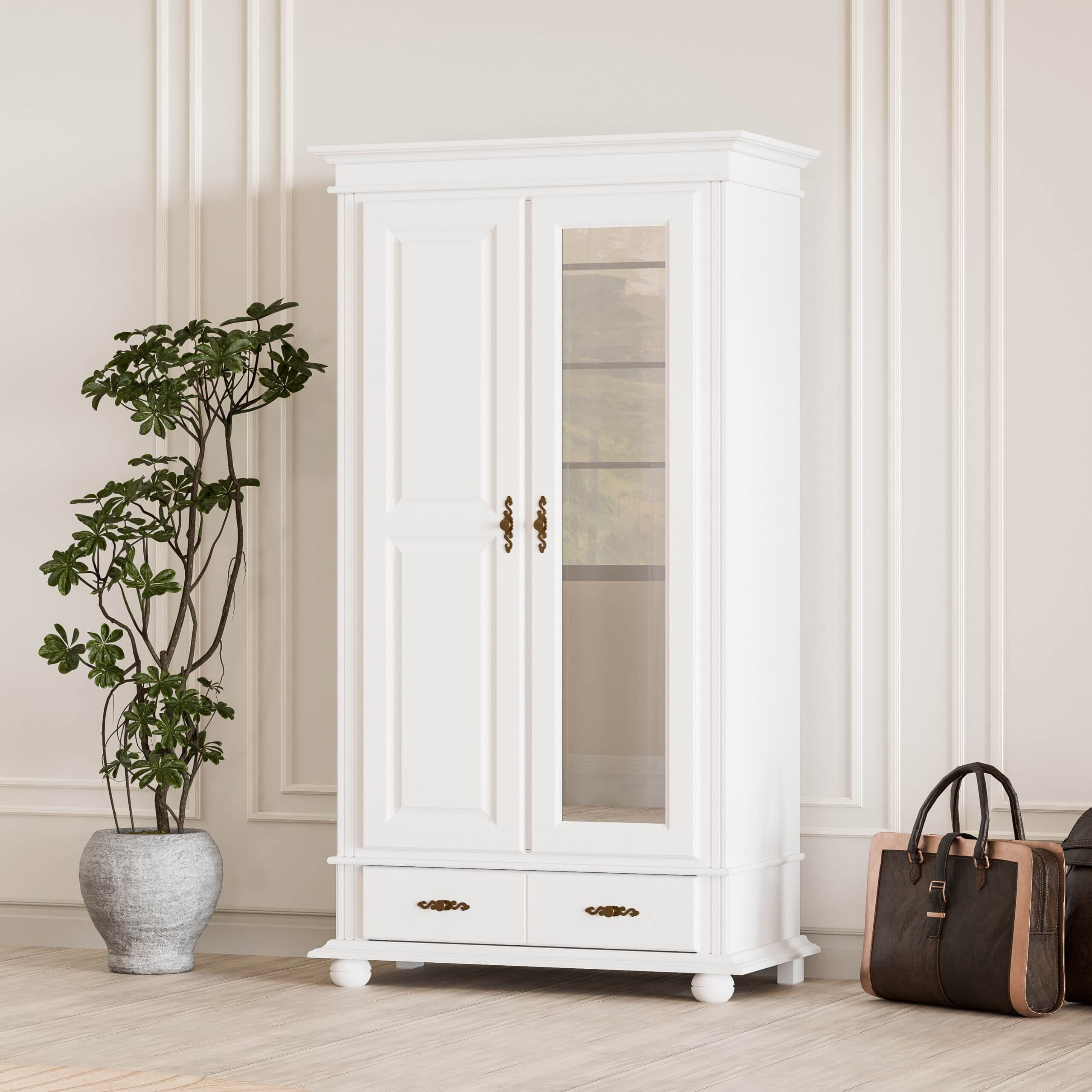 Armoire en bois massif Nordby à 2 portes et miroir