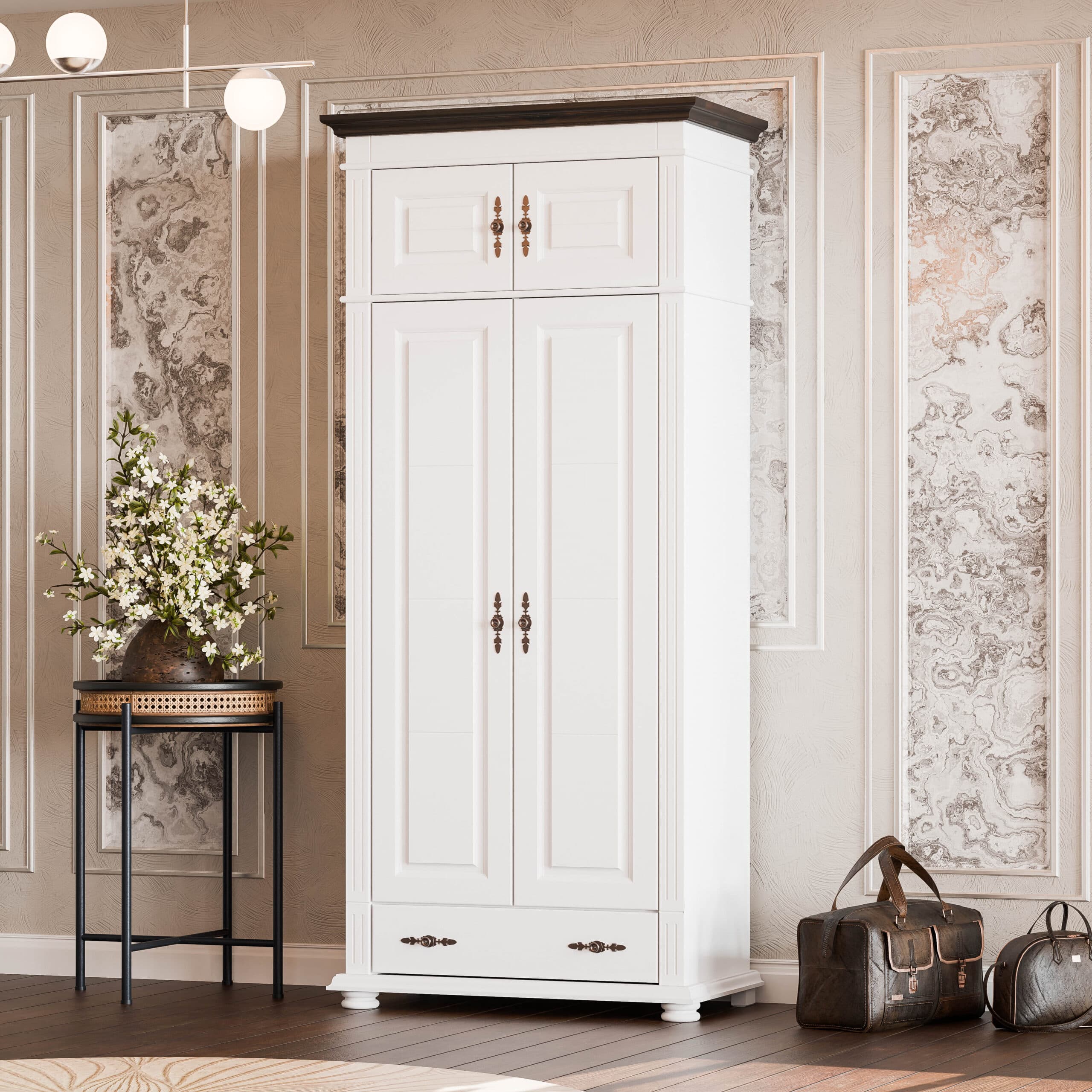 Armoire Skagen en bois massif avec cache, miroir et élément supérieur