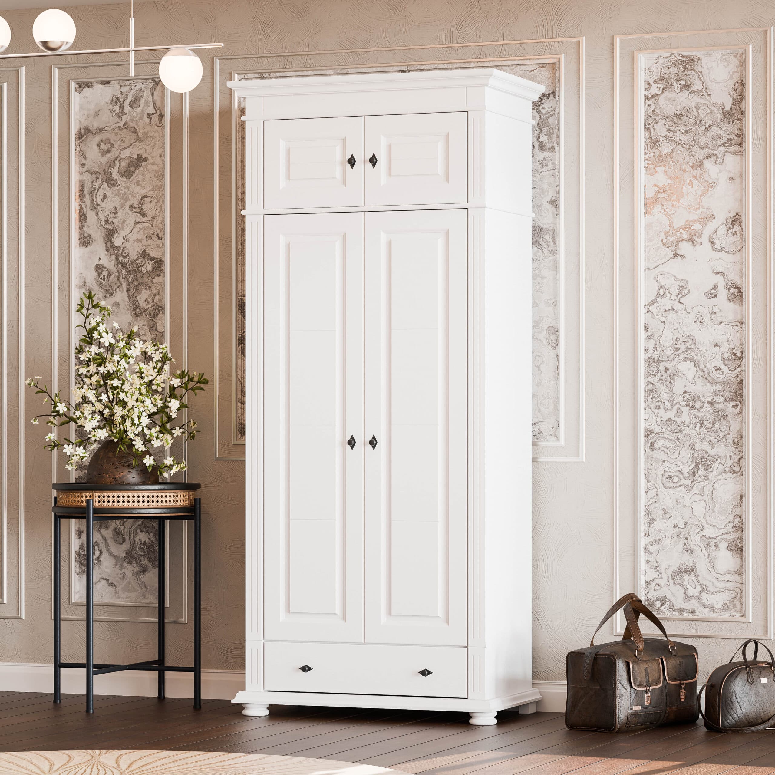 Armoire Skagen en bois massif avec cache, miroir et élément supérieur