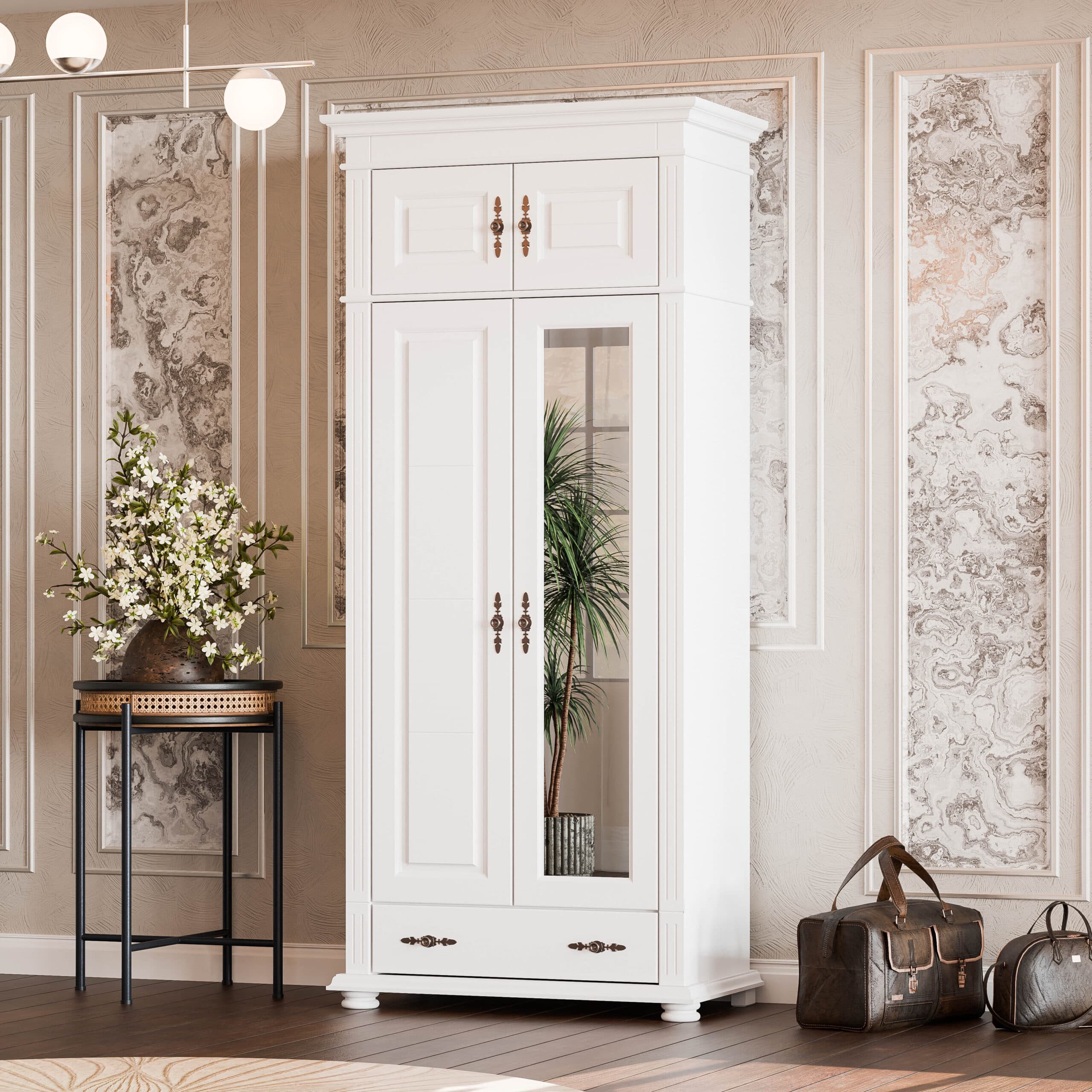 Armoire Skagen en bois massif avec cache, miroir et élément supérieur