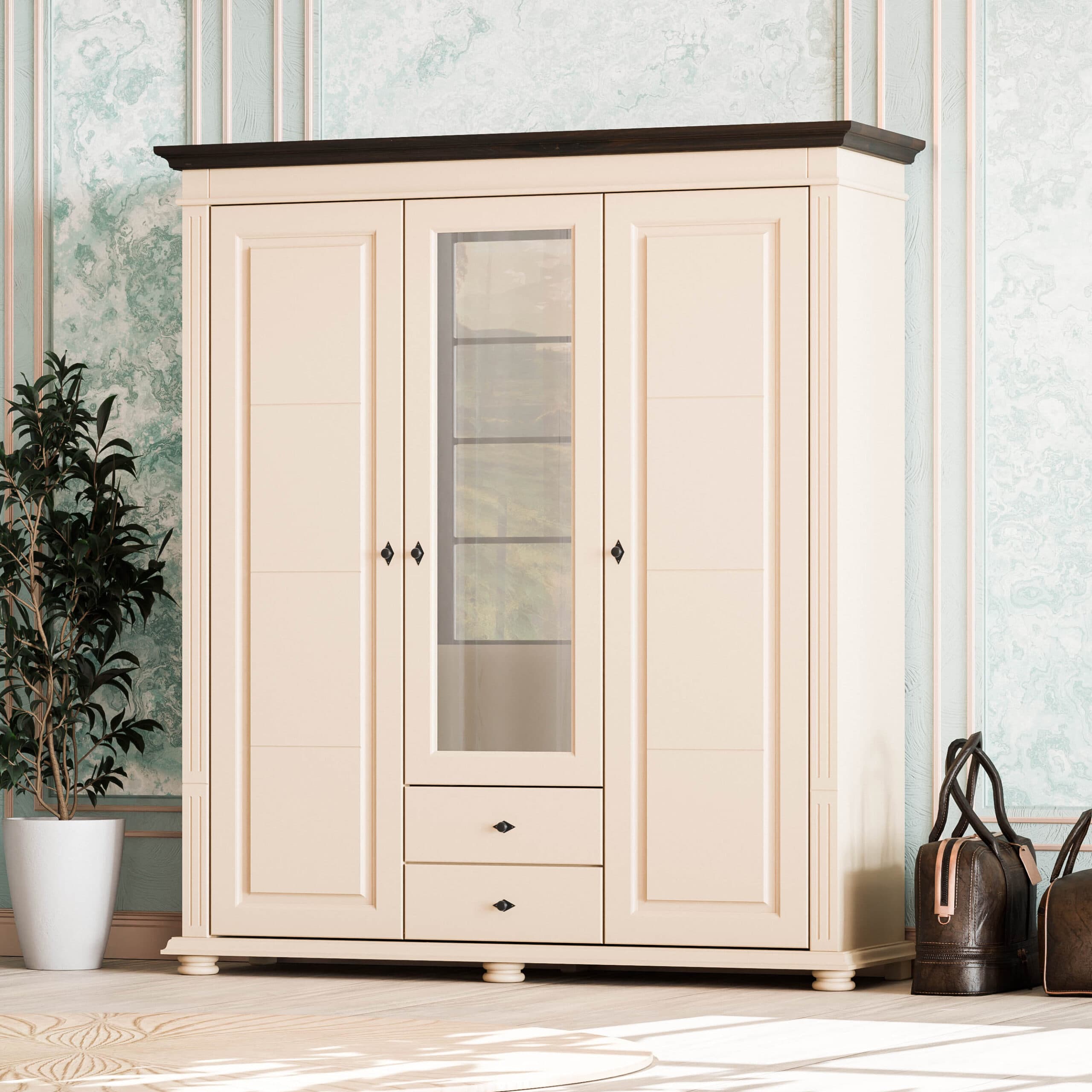 Armoire en bois massif « Skagen » à 3 portes et 2 tiroirs, couleur saumon