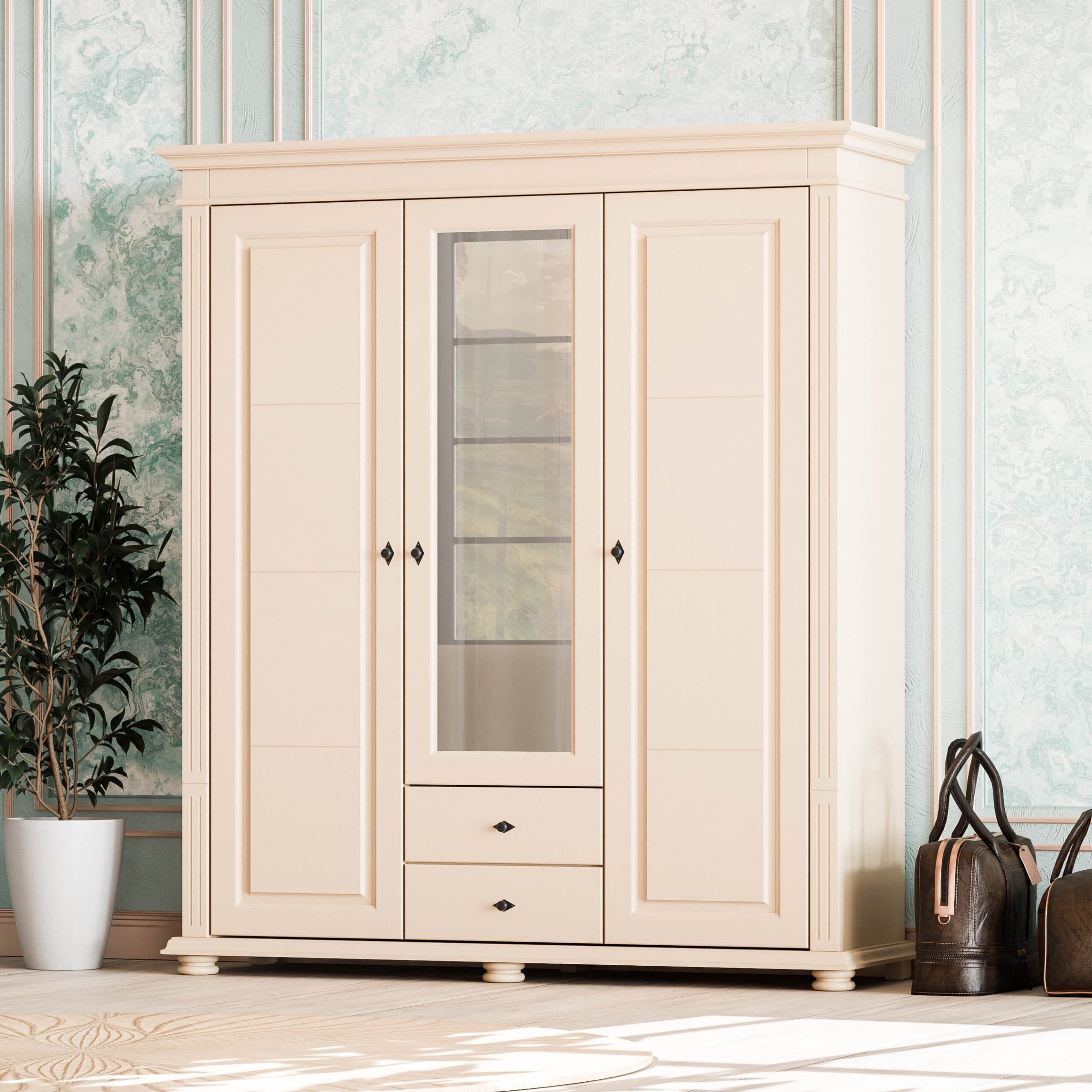 Armoire en bois massif « Skagen » à 3 portes et 2 tiroirs, couleur saumon