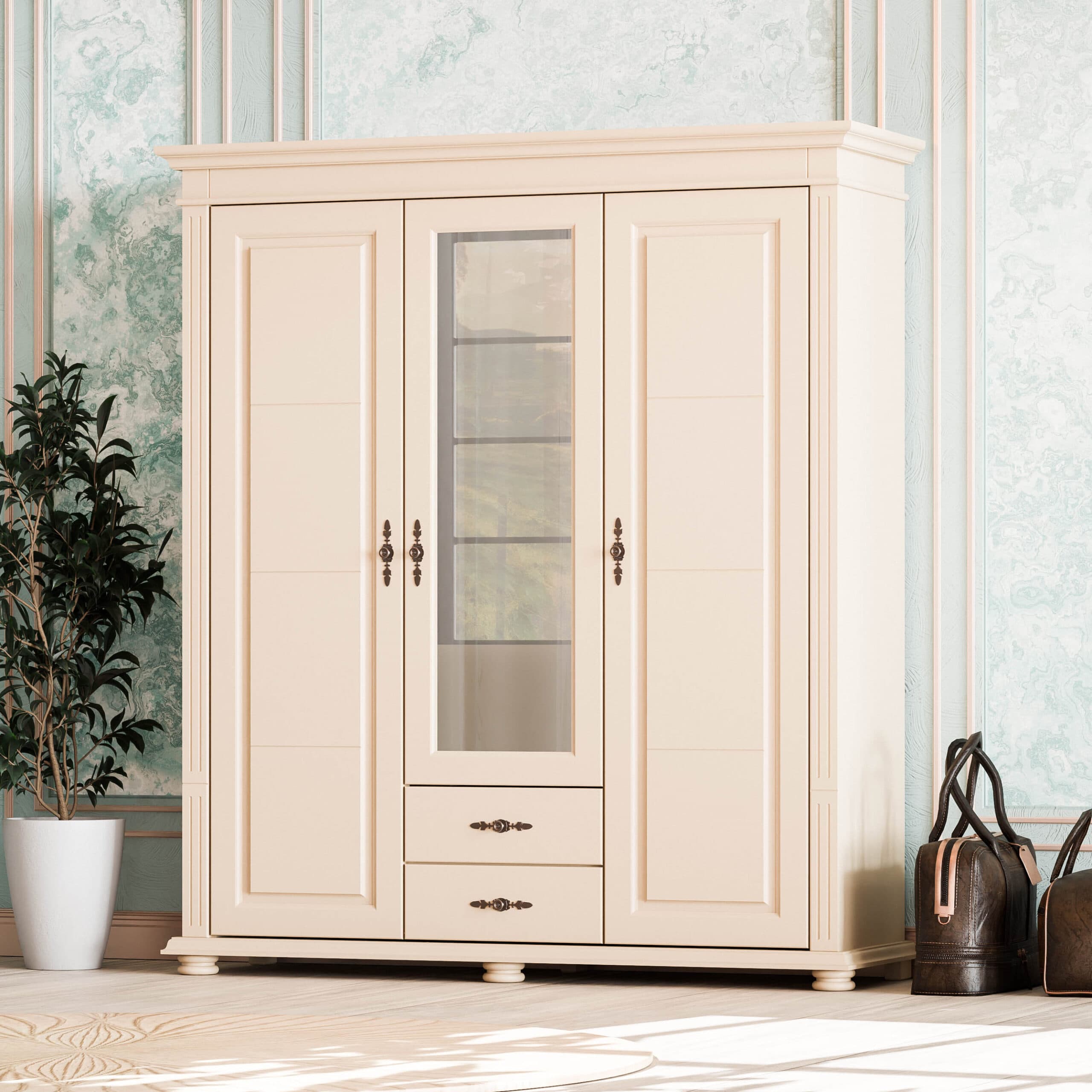 Armoire en bois massif « Skagen » à 3 portes et 2 tiroirs, couleur saumon