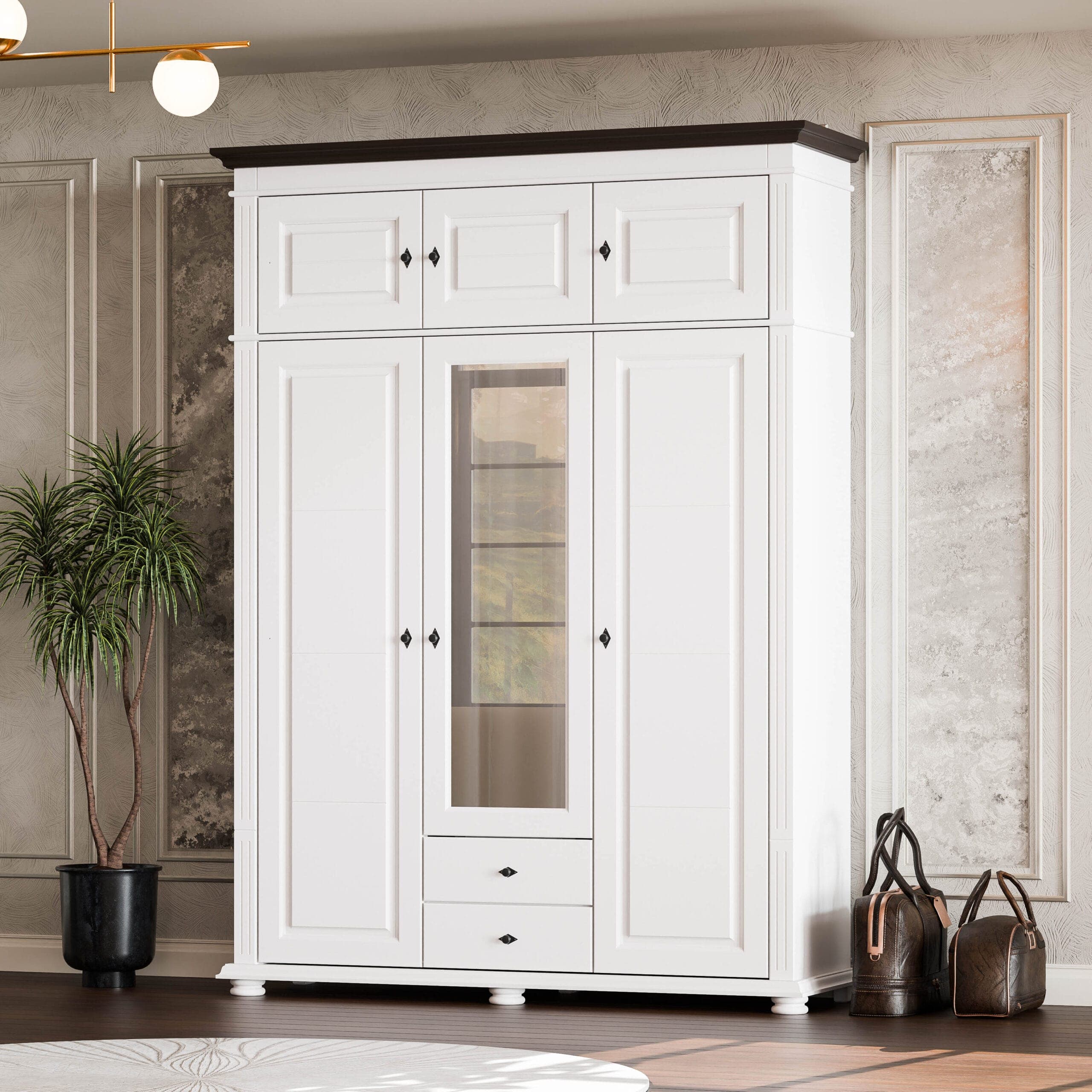 Armoire en bois massif « Skagen » avec 3 portes, 2 tiroirs et un élément supérieur