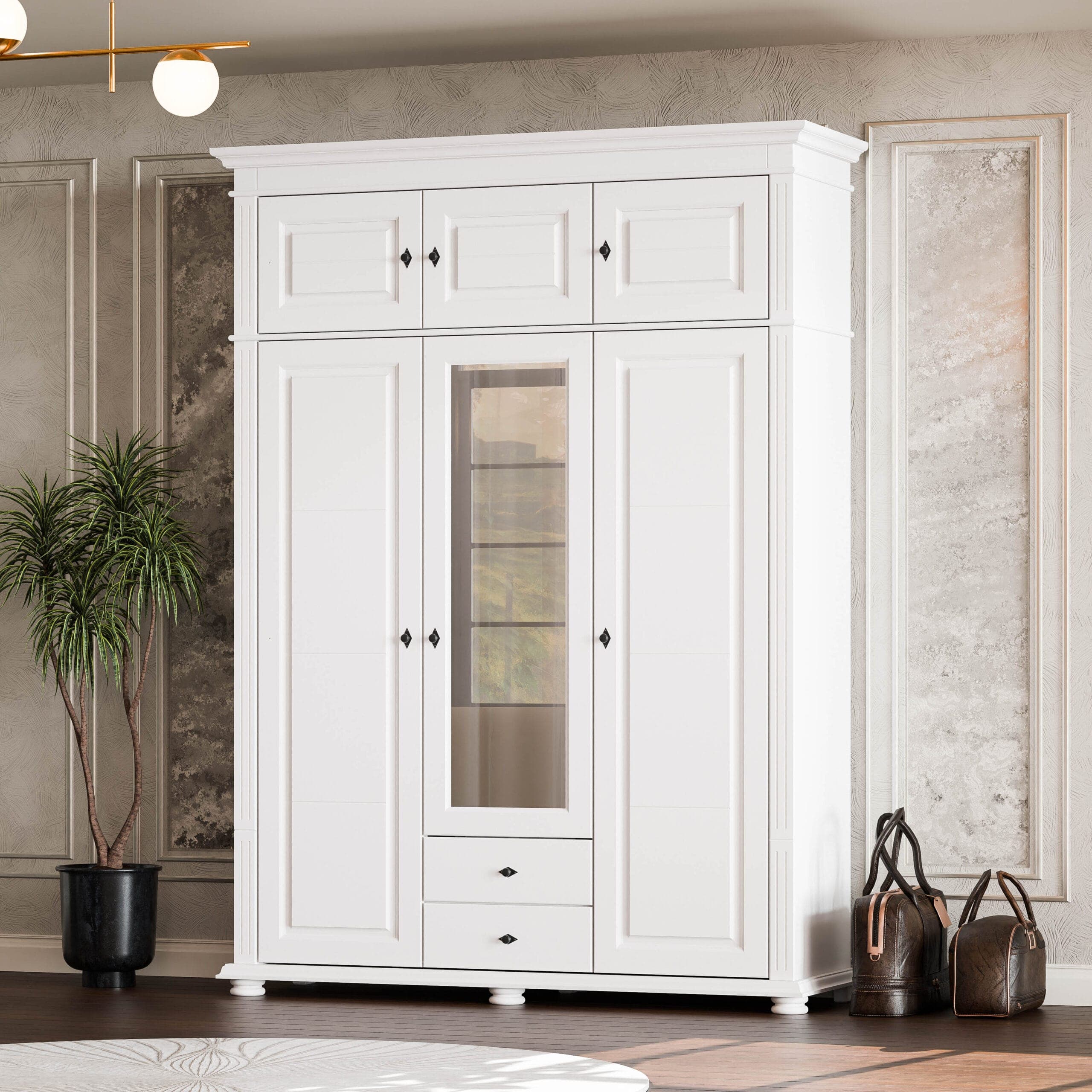 Armoire en bois massif « Skagen » avec 3 portes, 2 tiroirs et un élément supérieur