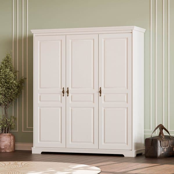 Armoire en bois massif à 3 portes « Linnea » en beige cachemire