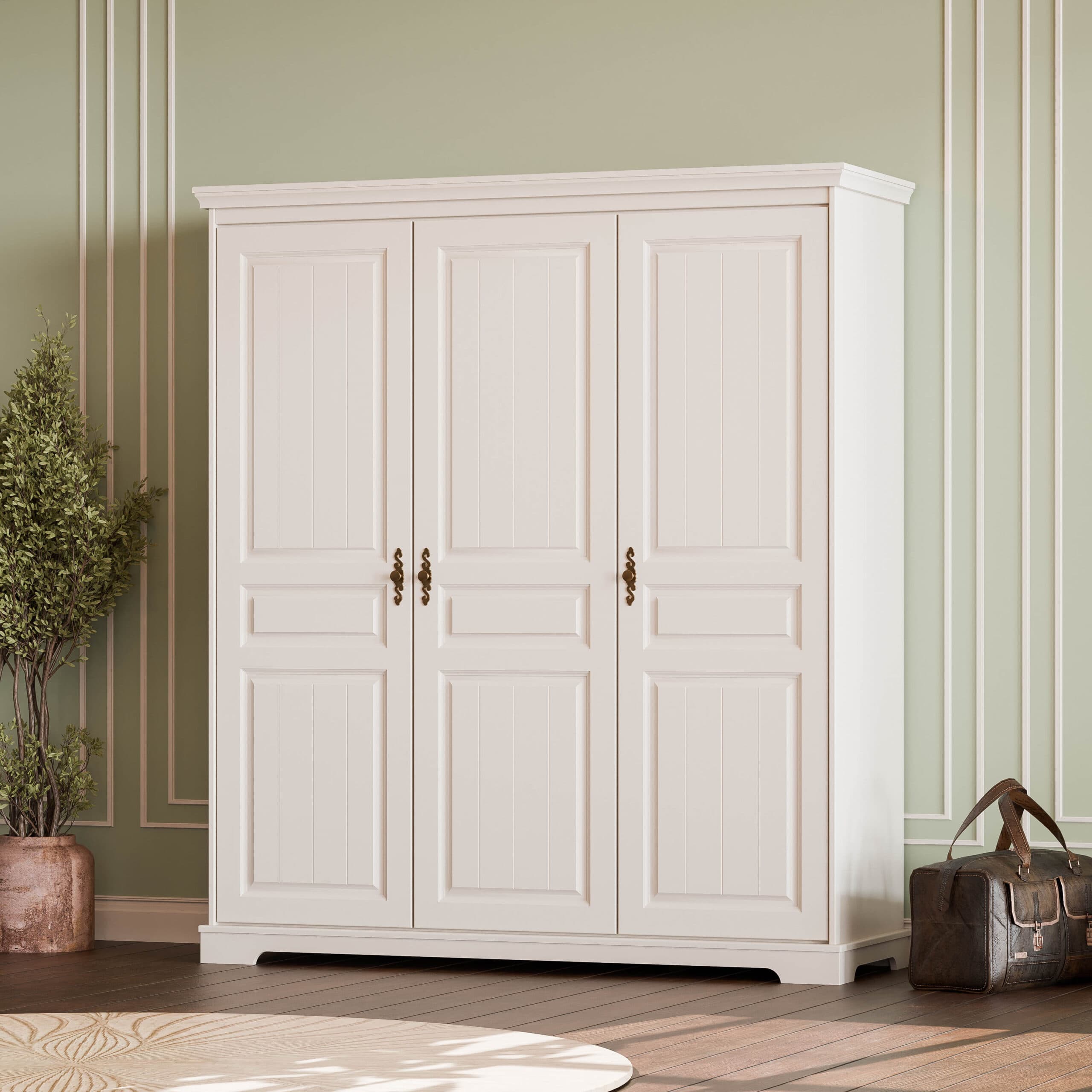 Armoire en bois massif à 3 portes « Linnea » en beige cachemire