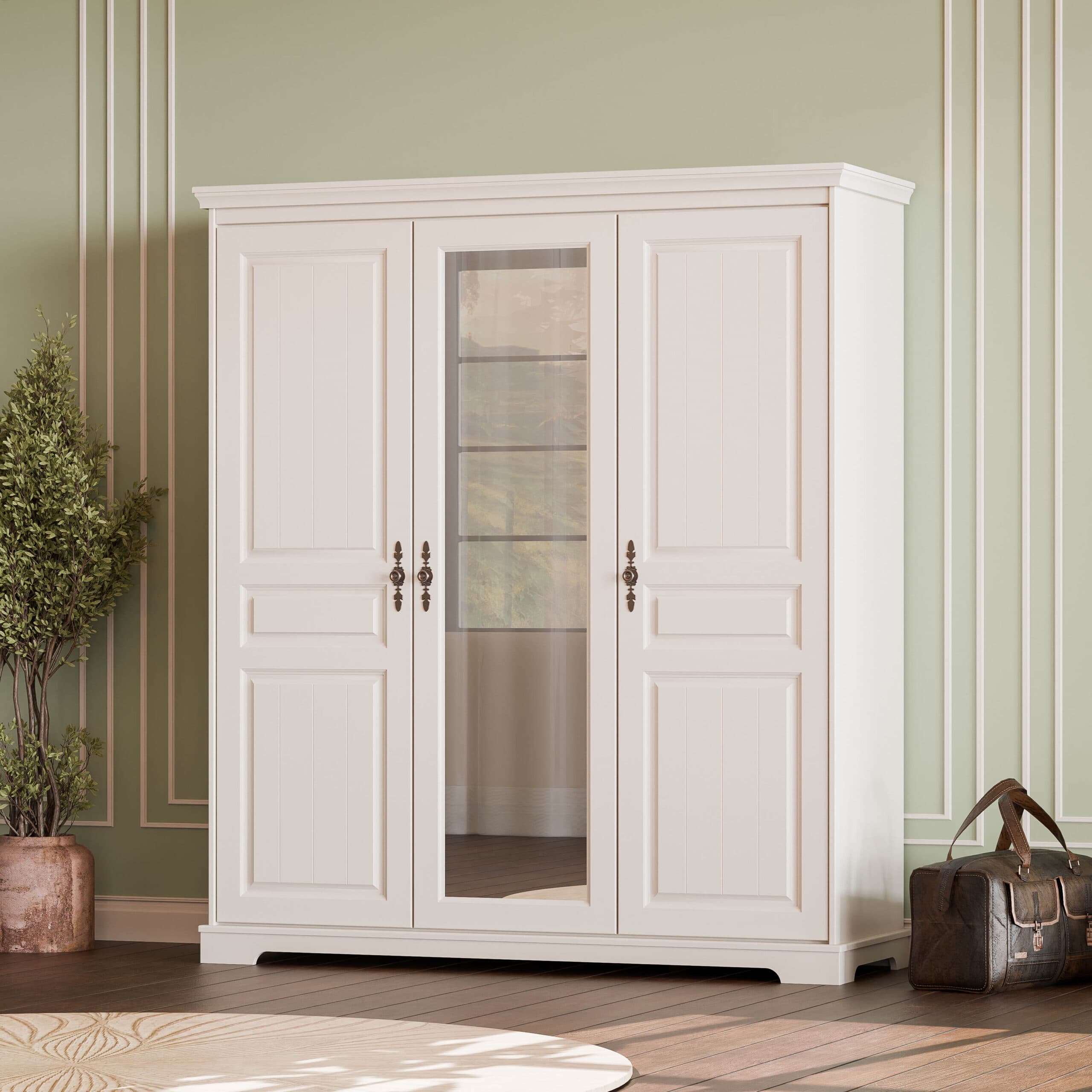 Armoire en bois massif à 3 portes « Linnea » en beige cachemire